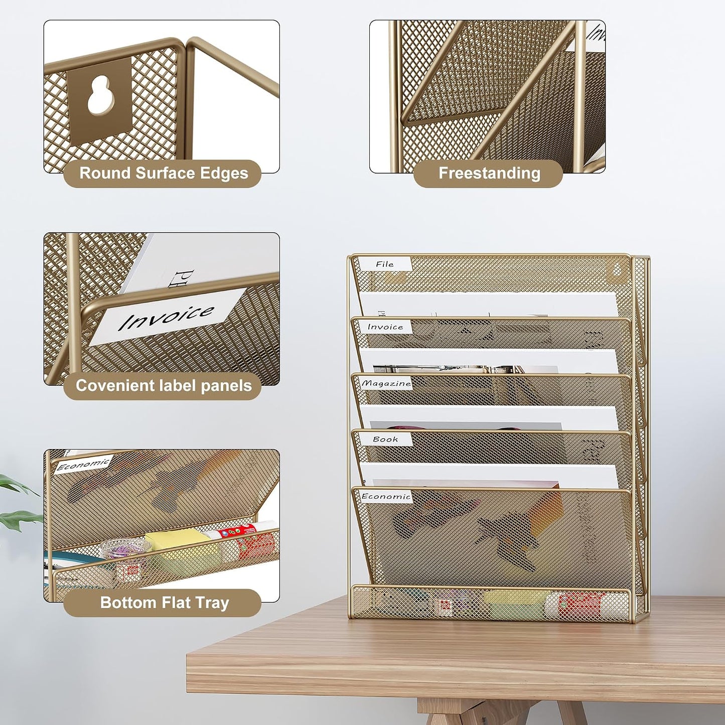 EasyPAG 5 Tier Wall File Holder, Mesh Hanging Folder Organizer with Classify Label, Versatile Desk File Holder