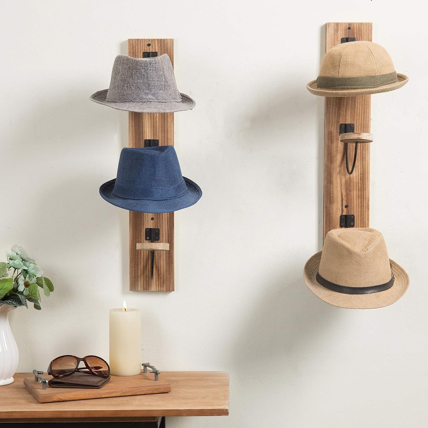 MyGift 2 Pcs Hat Rack Wall Mount, Cowboy Hat Organizer Holder, Coat, Cap Clothes Hanger with Metal Wire and Wood Hooks