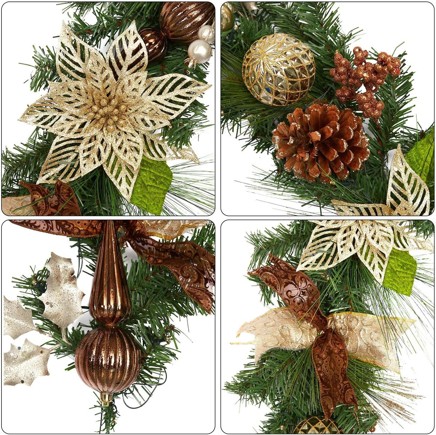 6ft Prelit Christmas Garland with 20 Lights, Xmas Fake Vines with Bows Christmas Balls Flowers Berries Greenery