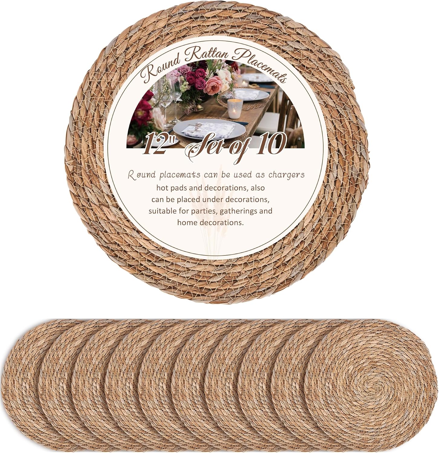 Defined Deco Woven Placemats Set of 10,12" Round Rattan Placemats,Natural Hand-Woven Water Hyacinth Placemats,Farmhouse