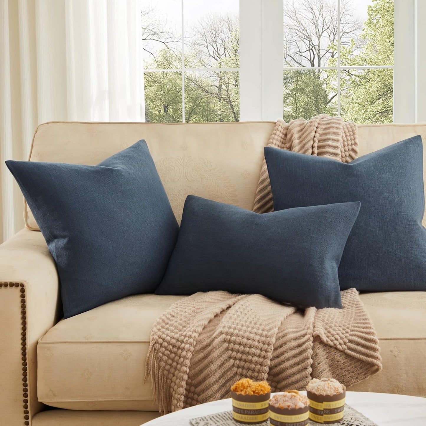 Rustic Cotton Linen Throw Pillow Covers / Navy / 20 x 20 / Set of 2