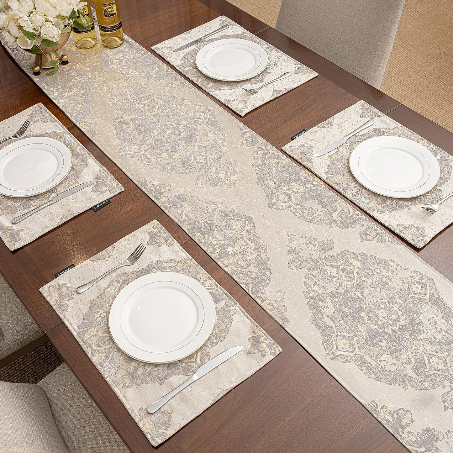 Loom and Mill Luxury Elegant Damask Table Runner 108 inches Long, Beige | Jacquard Table Runners with Handmade