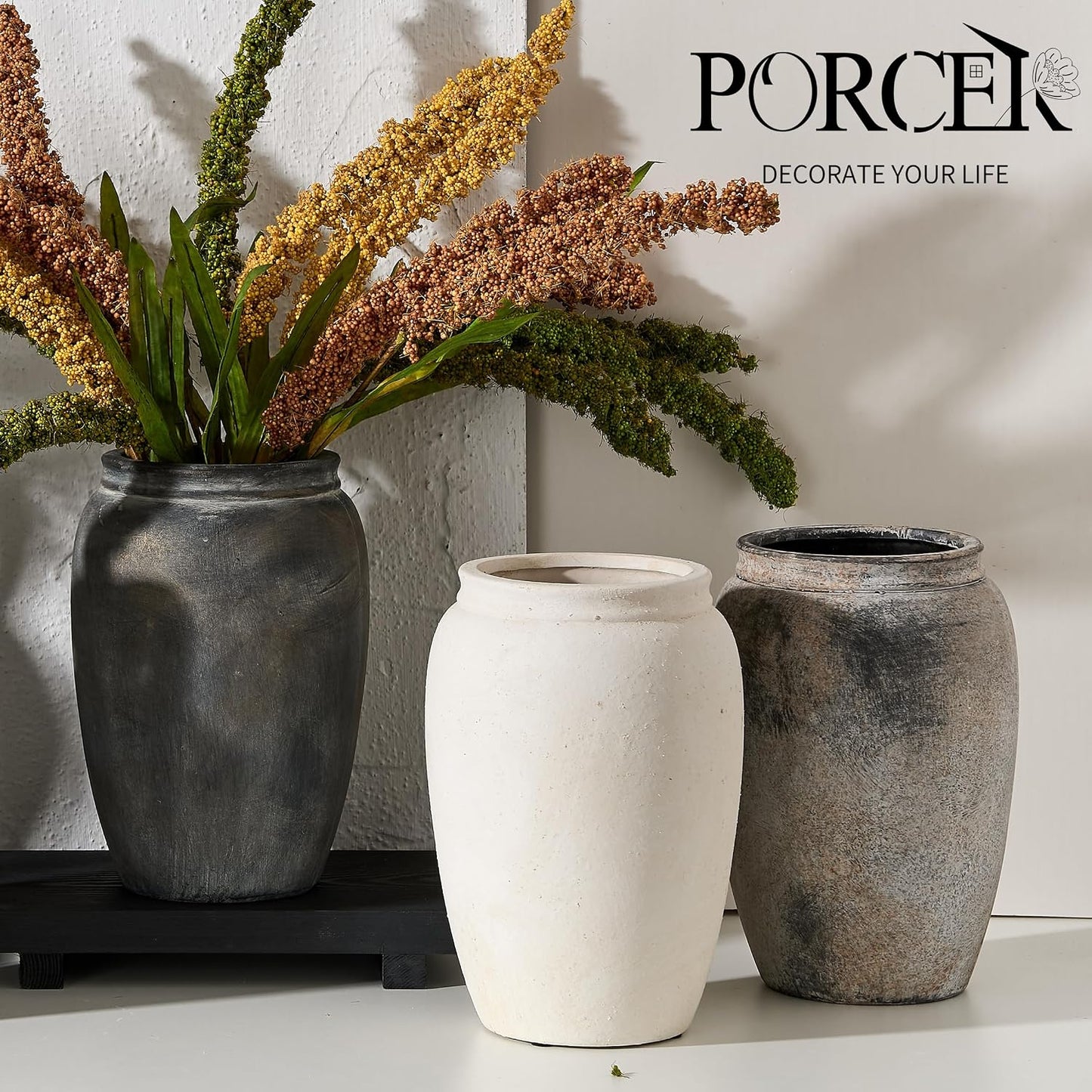 Ceramic Terracotta Rustic Vase Home Decor Farmhouse Decorative Vase / Black Bronze- 8.2 / 8.2 Inch