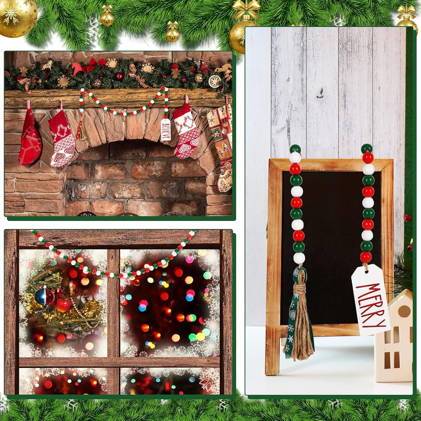 Christmas Wooden Bead Garlands Green White Wood Beads / Red / Set of 2