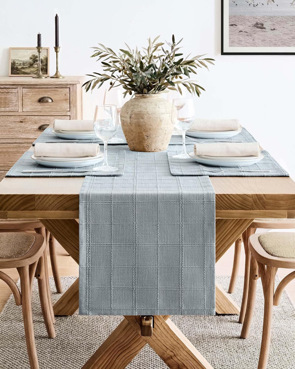 Linen Checked Farmhouse Placemats Set of 6, Chambray 13x19in | Double Layer, Reversible, Thick Textured Table Mats