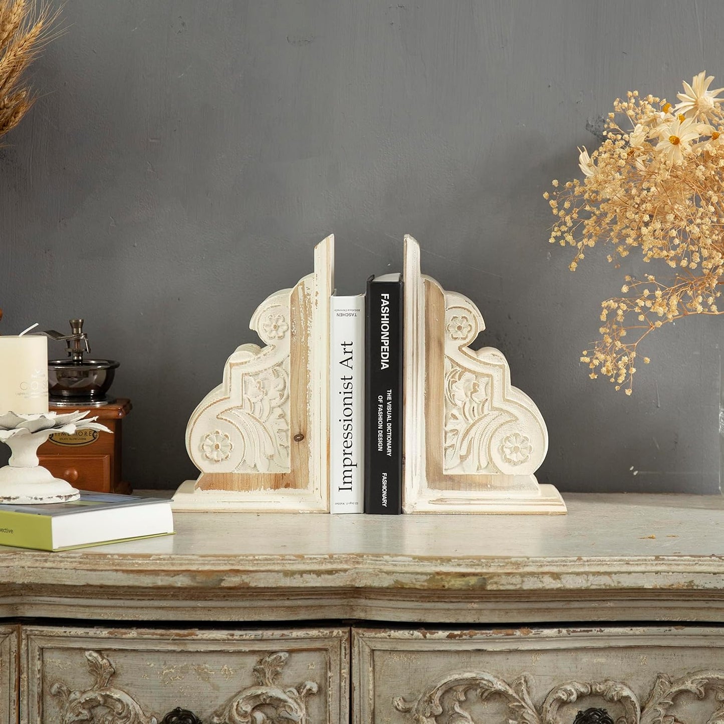 Carved Pattern Farmhouse Book Ends / White