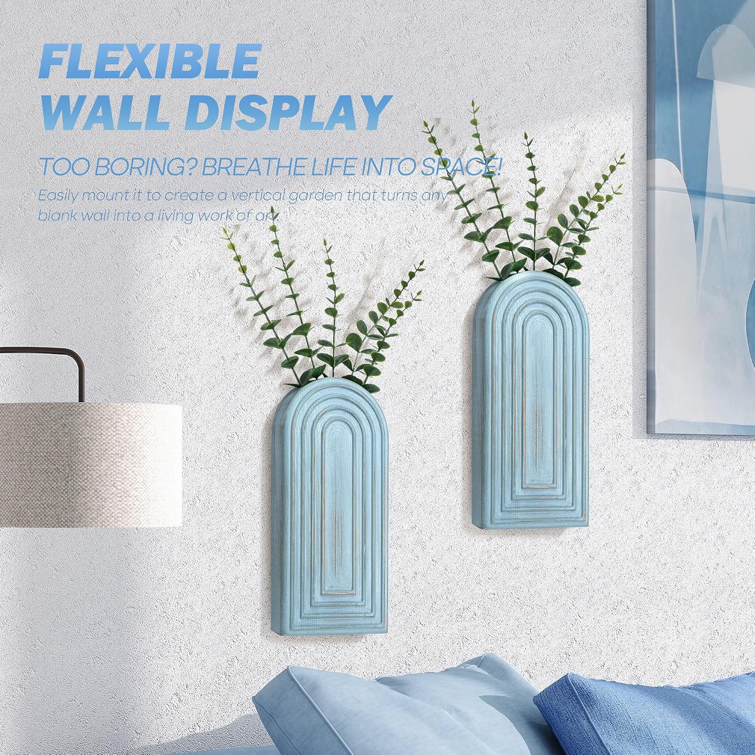 Pine Wood Boho Decor Wall Vases / Blue / Set of 2