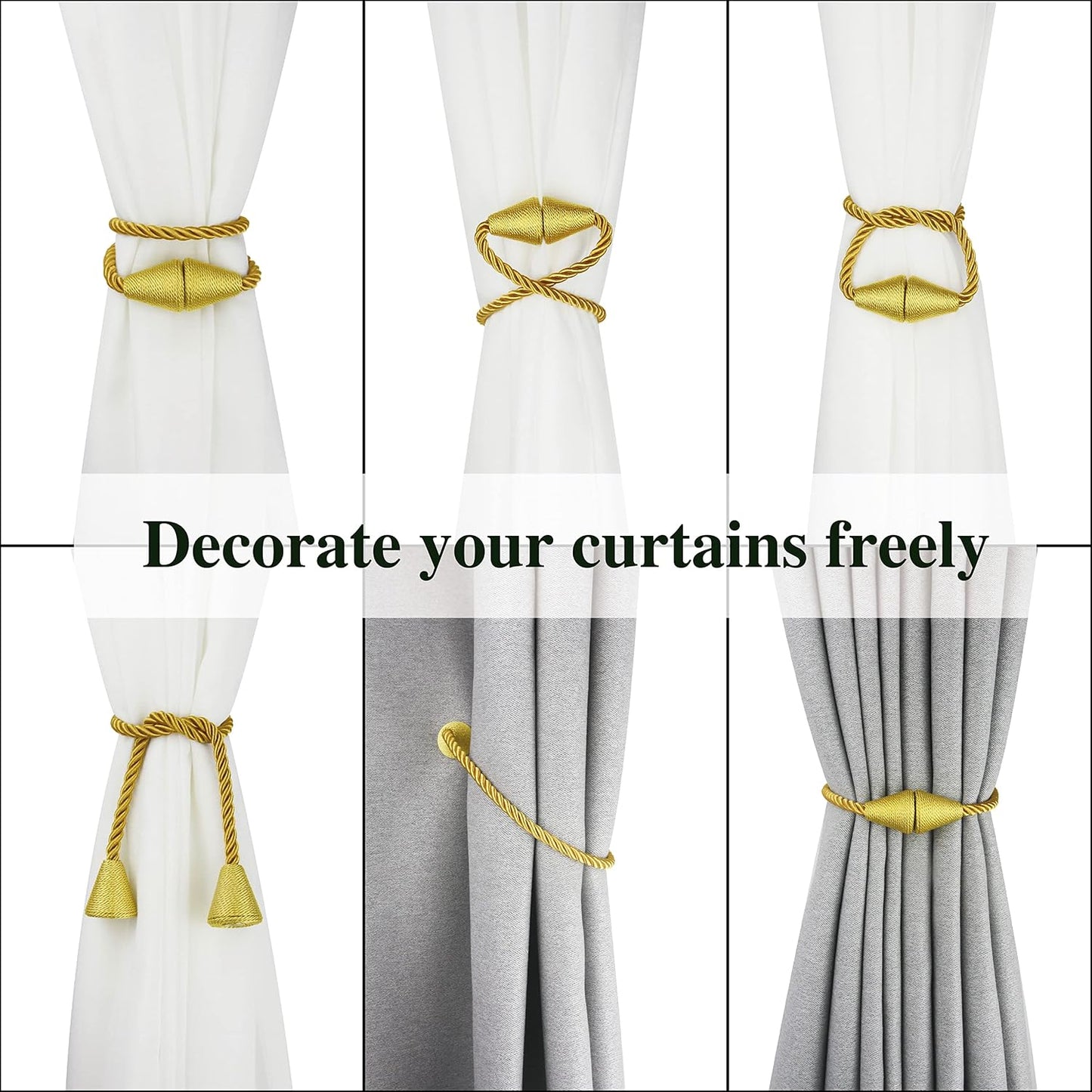 Magnetic Curtain Tiebacks Rope Decorative Holdbacks for Drapes Nieffeiy | 6 Pack Gold Modern Handmade Curtain Tie Backs