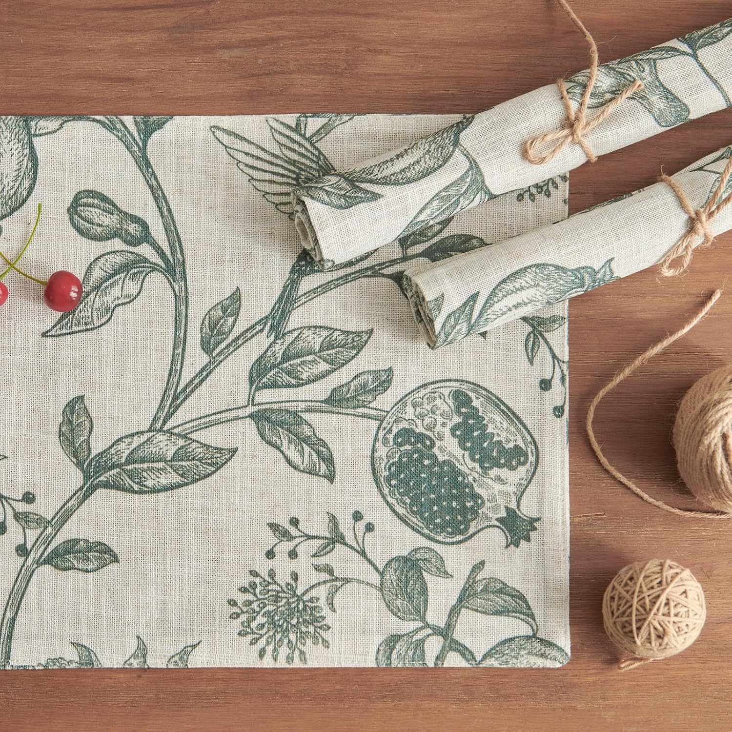 JINCHAN Linen Placemats Set of 4 Farmhouse Botanical Print 13x19 Dark Green | Fabric Placemats, Cottage Style