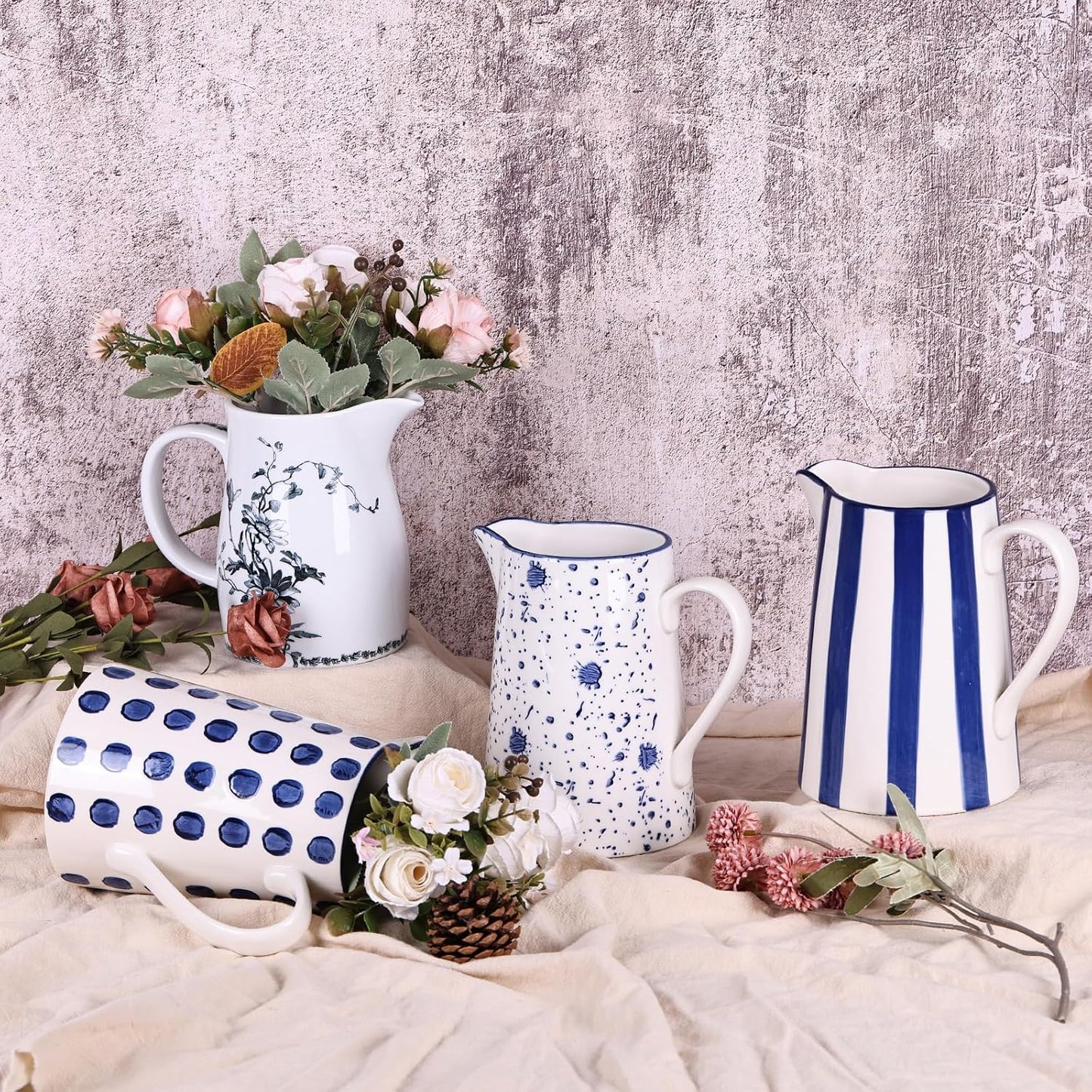 Ceramic and White Pitcher Vase / Stripes / Blue