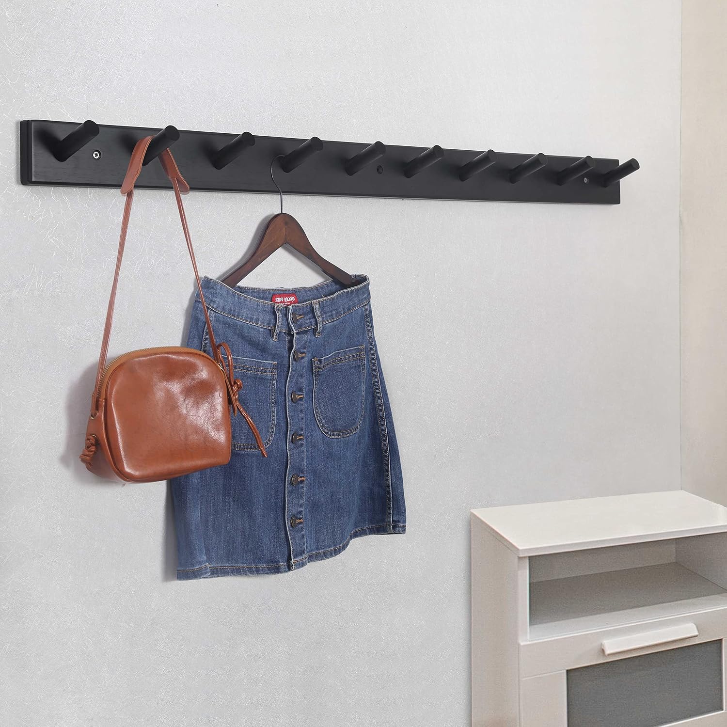 SKOLOO Wall Mounted Coat Rack 38", 10 Hooks, Bamboo, Shaker Style, Black | Wood wall hooks, painted finish, 100-lb cap