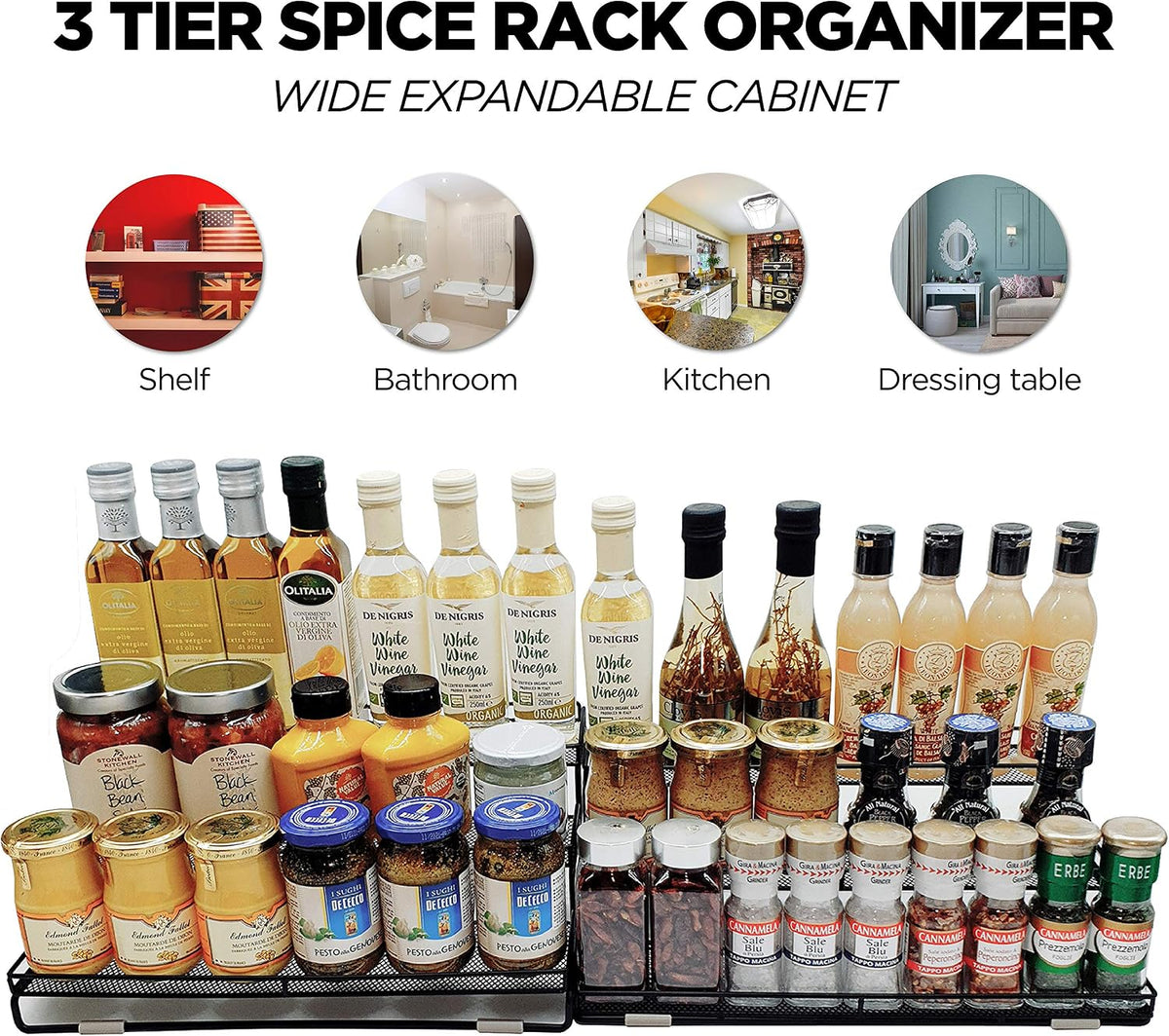 3 Tier Wide Expandable Cabinet Spice Rack Organizer (14.5" to 29.1") - Step Shelf with Protection Railing, Black,Copper