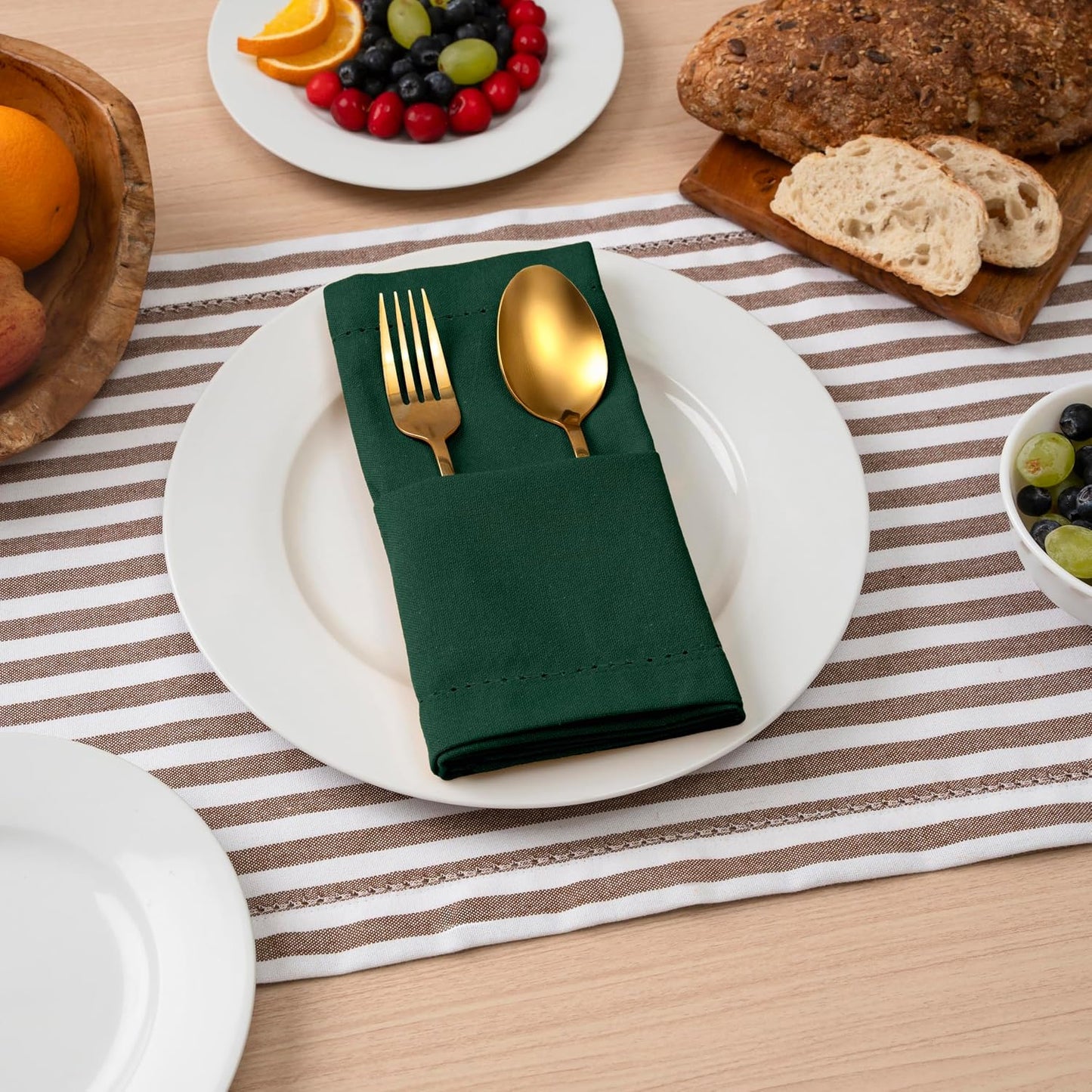 Blue Needles Set of 6 Hemstitch Linen Napkins 100% Cotton Forest Green Cloth Dinner Napkins 18x18 inches, Soft