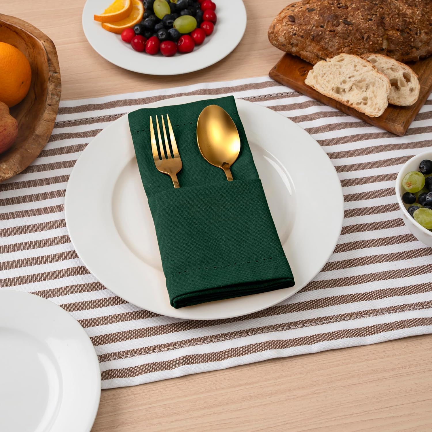 Blue Needles Set of 6 Hemstitch Linen Napkins 100% Cotton Forest Green Cloth Dinner Napkins 18x18 inches, Soft