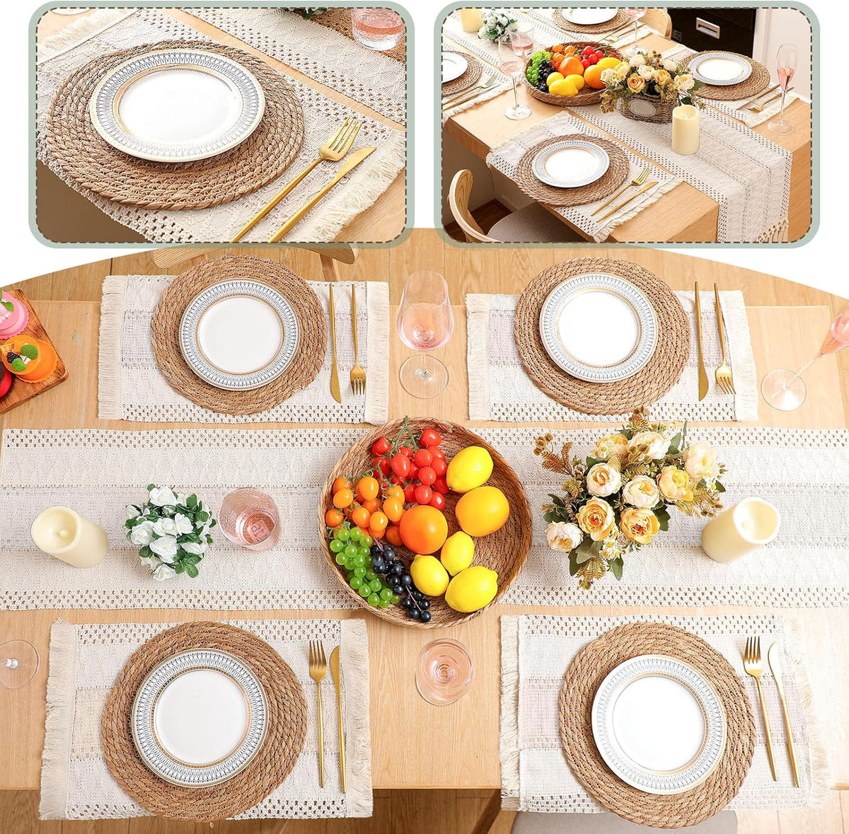 Boho Placemats 4/6/8 Set of Round Woven Placemat Macrame Style Bicolor Stitching Long Table Runner Farmhouse Rustic