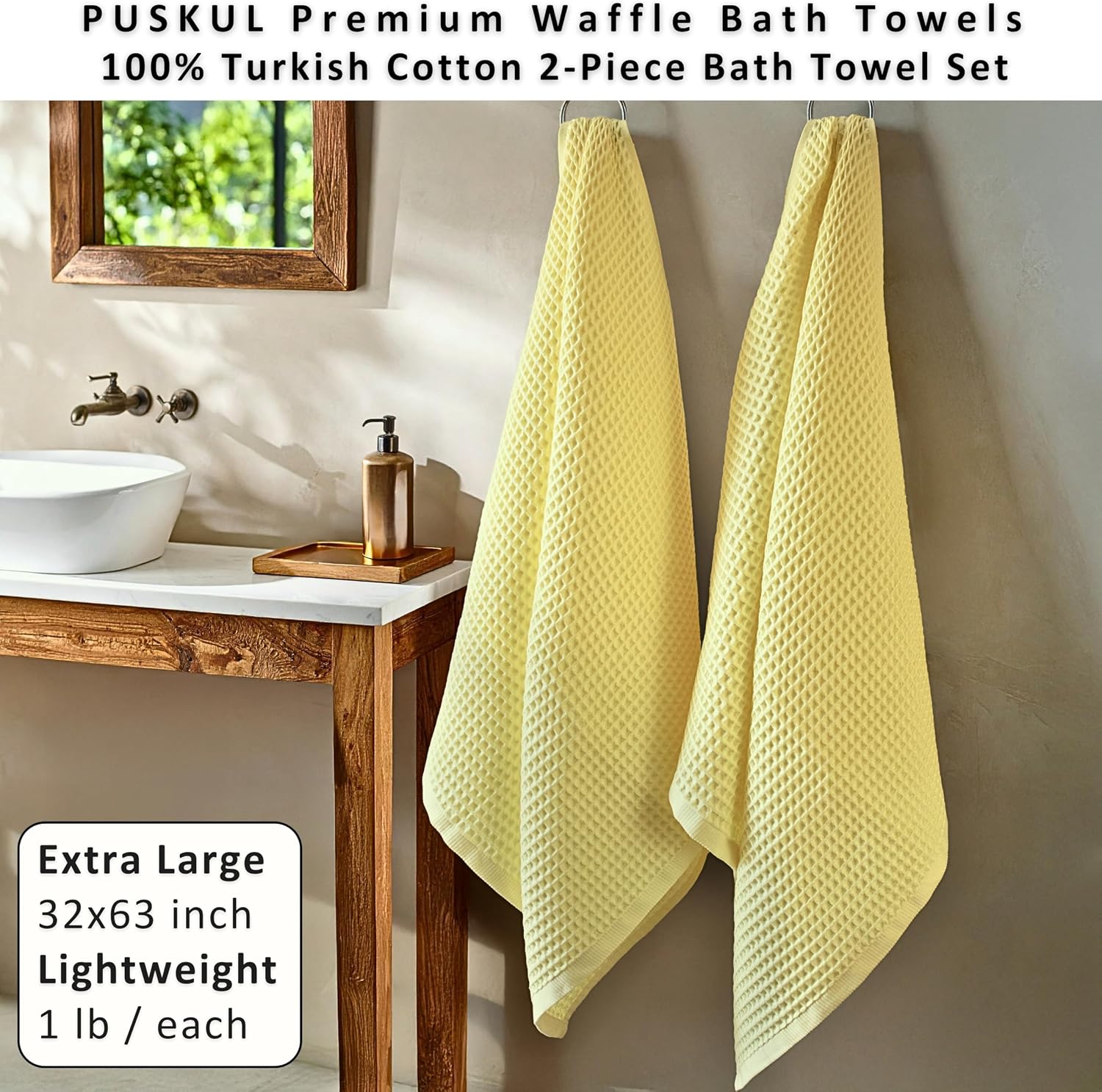 PÜSKÜL Natural 100% Turkish Cotton Waffle Bath Towels Set of 2, Extra-Large | Light Yellow, Oversize 32x63" Bath sheet