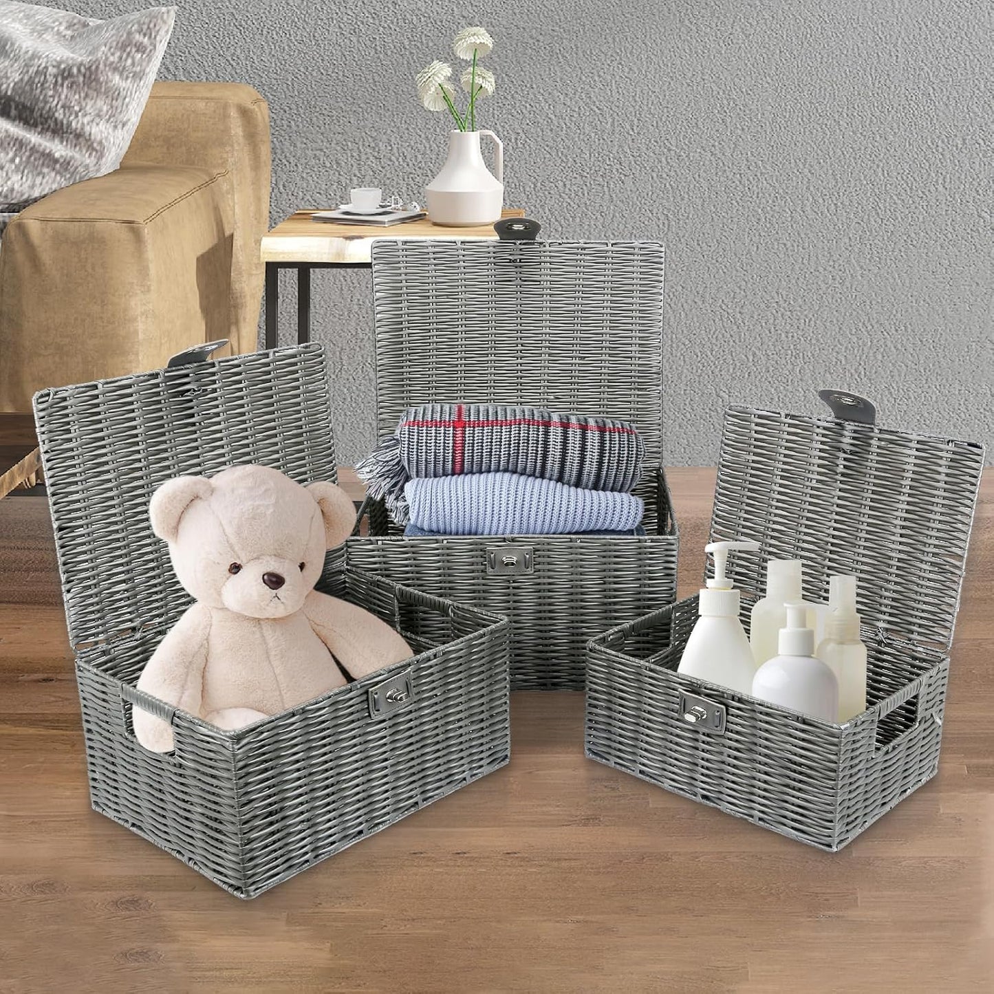 Woven Basket / Wicker Storage Baskets / Grey / Set of 3