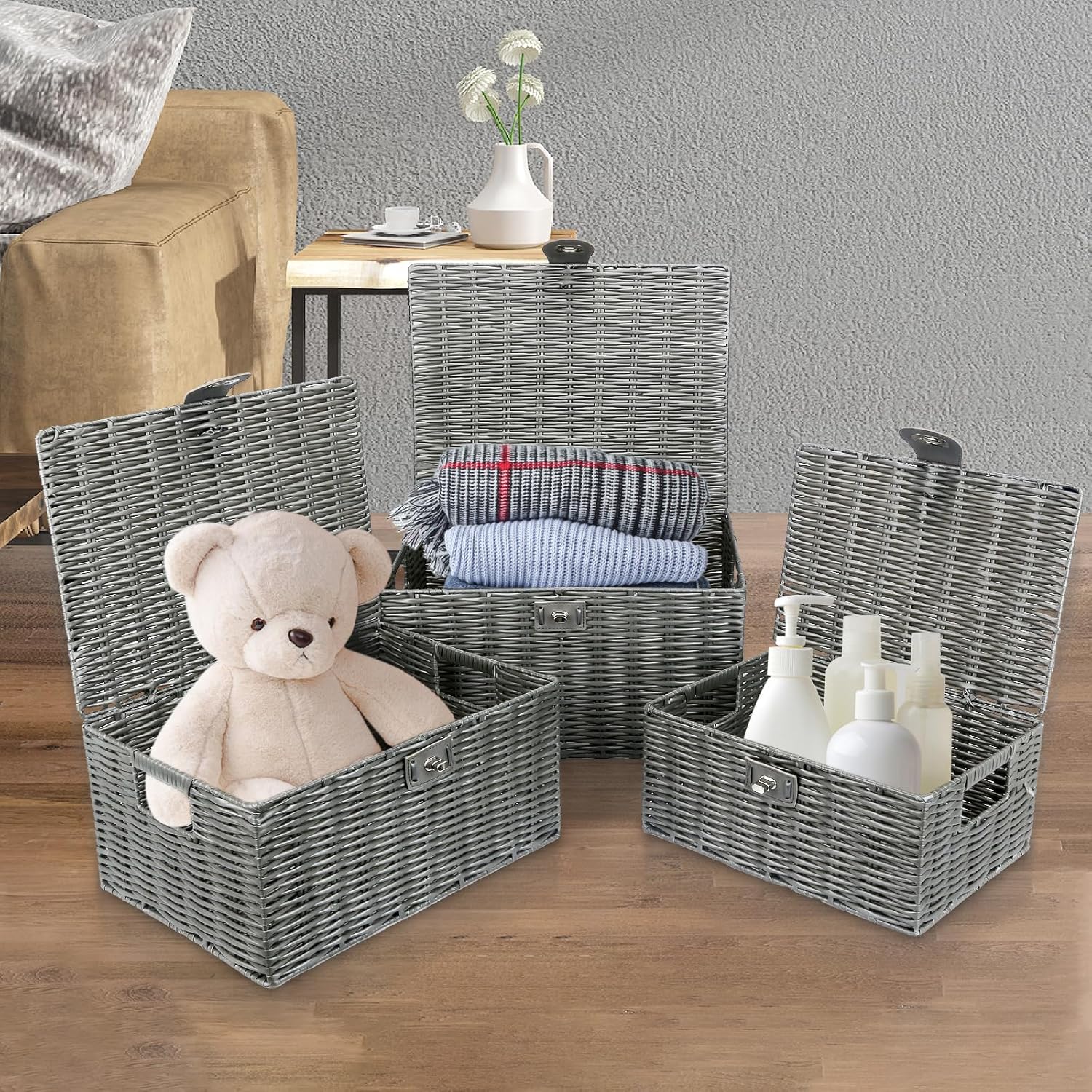 Woven Basket / Wicker Storage Baskets / Grey / Set of 3
