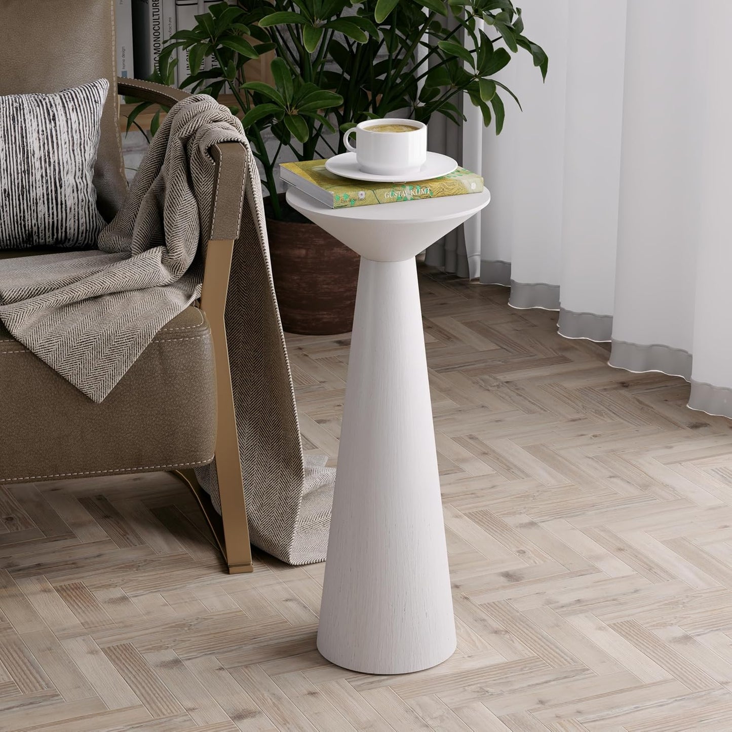 Farmhouse Tall Pedestal End Table Small Solid Wood Martini Table Plant Stand Modern Round / White
