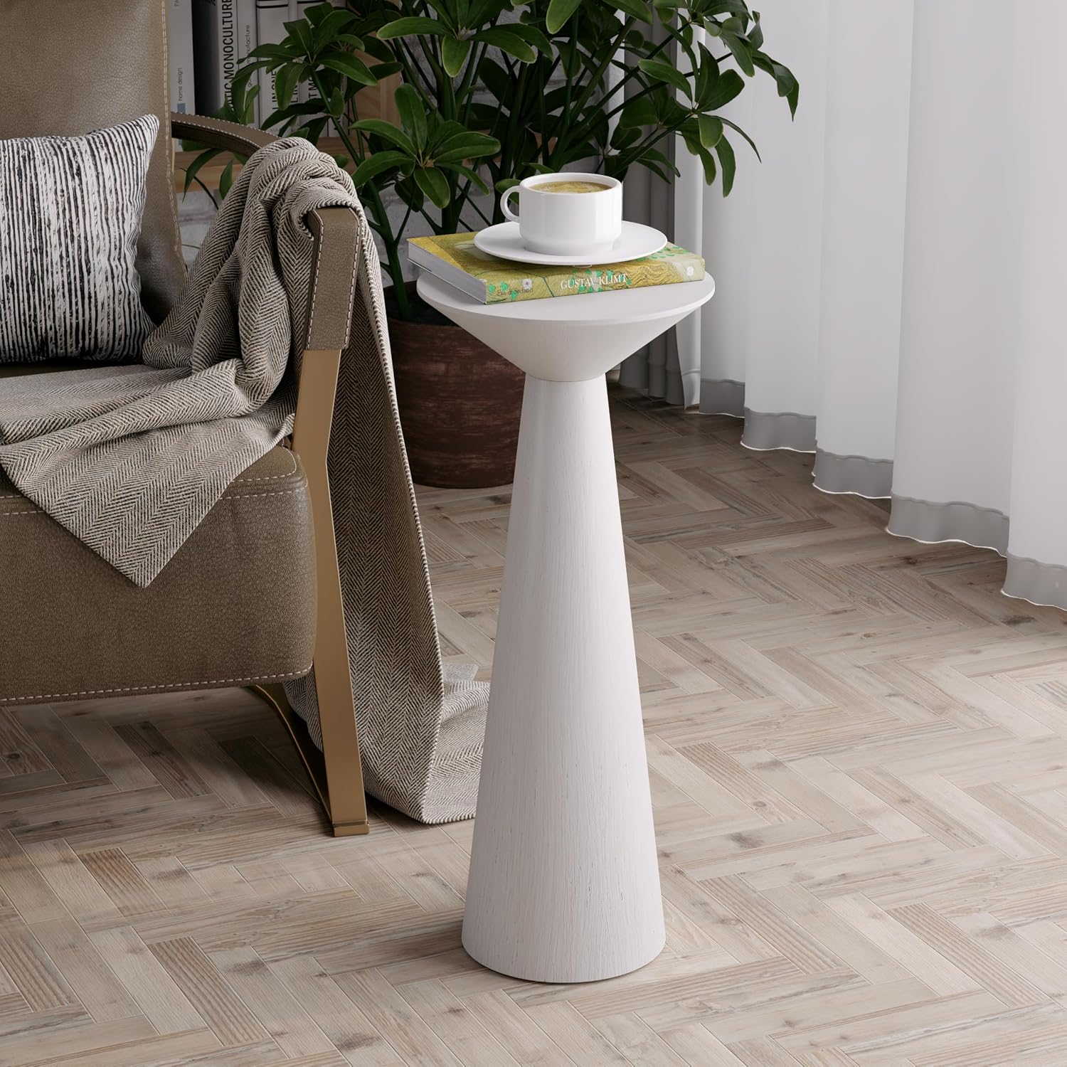 Farmhouse Tall Pedestal End Table Small Solid Wood Martini Table Plant Stand Modern Round / White