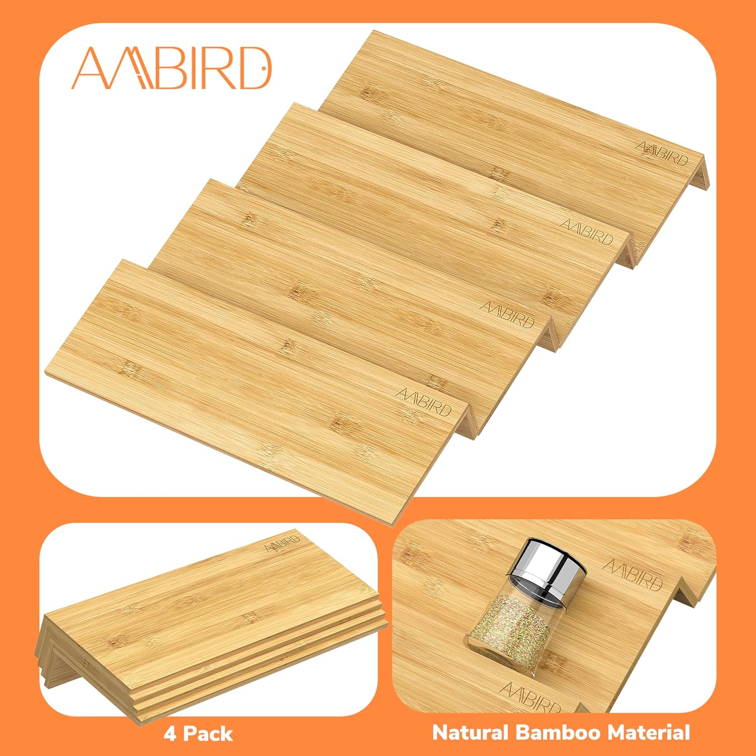 AMBIRD Bamboo Spice Drawer Organizer with Non-slip Mat, 4 Tier Jar Spice Rack Tray 13'',Seasoning Organizer for