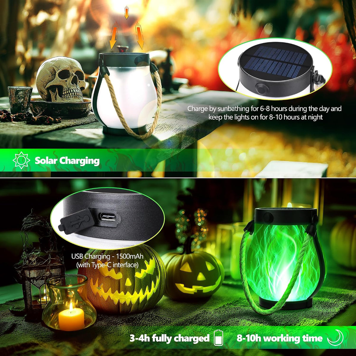 iBaycon 2 Pack Gen2 Solar Lantern Lights USB Halloween Flame Lamp, Green | Solar Garden Lights with Solar & USB-C Dual