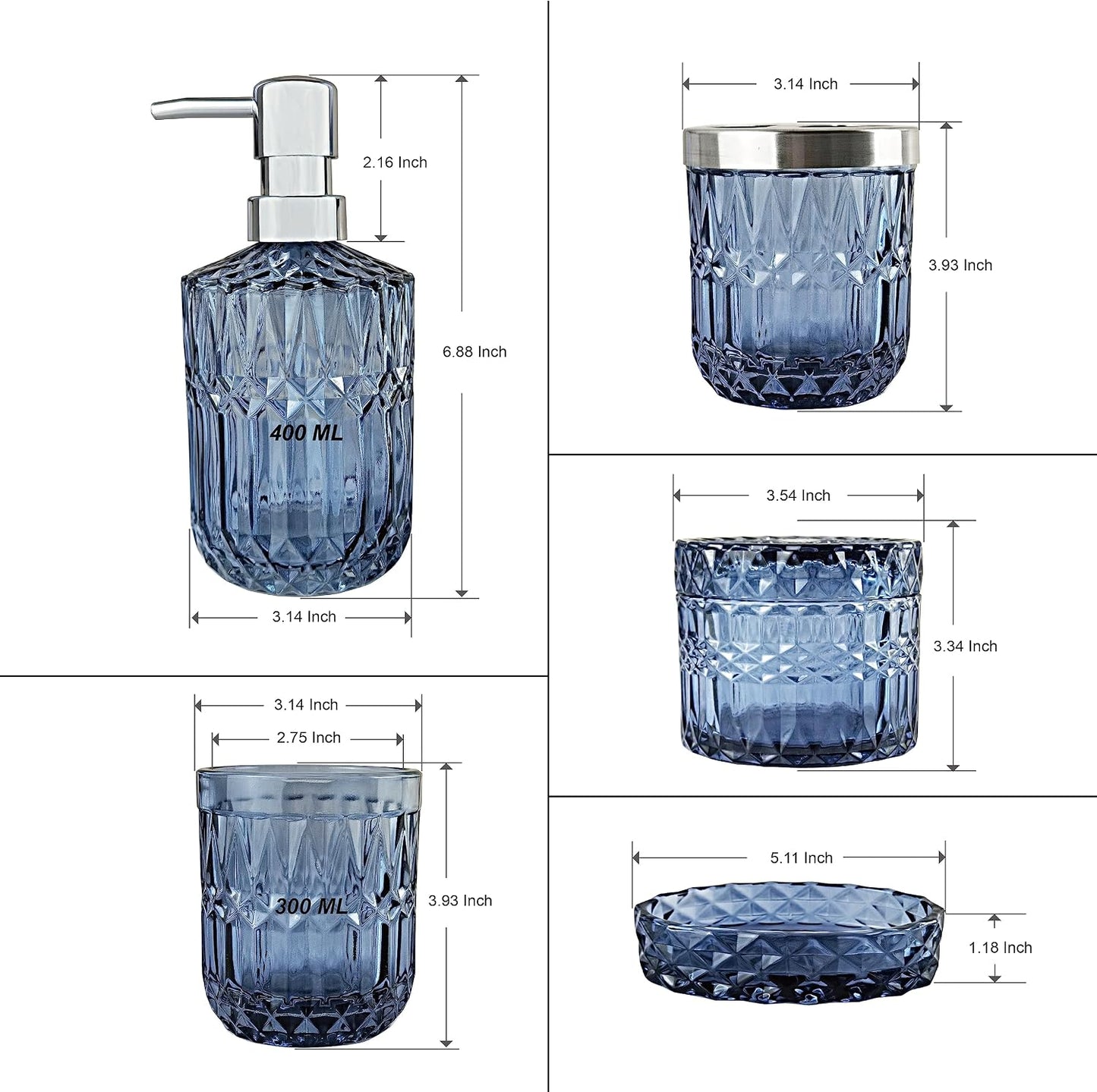 LaMarriti Blue Bathroom Accessories Set, 5Pcs Clear Glass Bathroom Accessories, Hand Soap Dispenser, Soap Dish