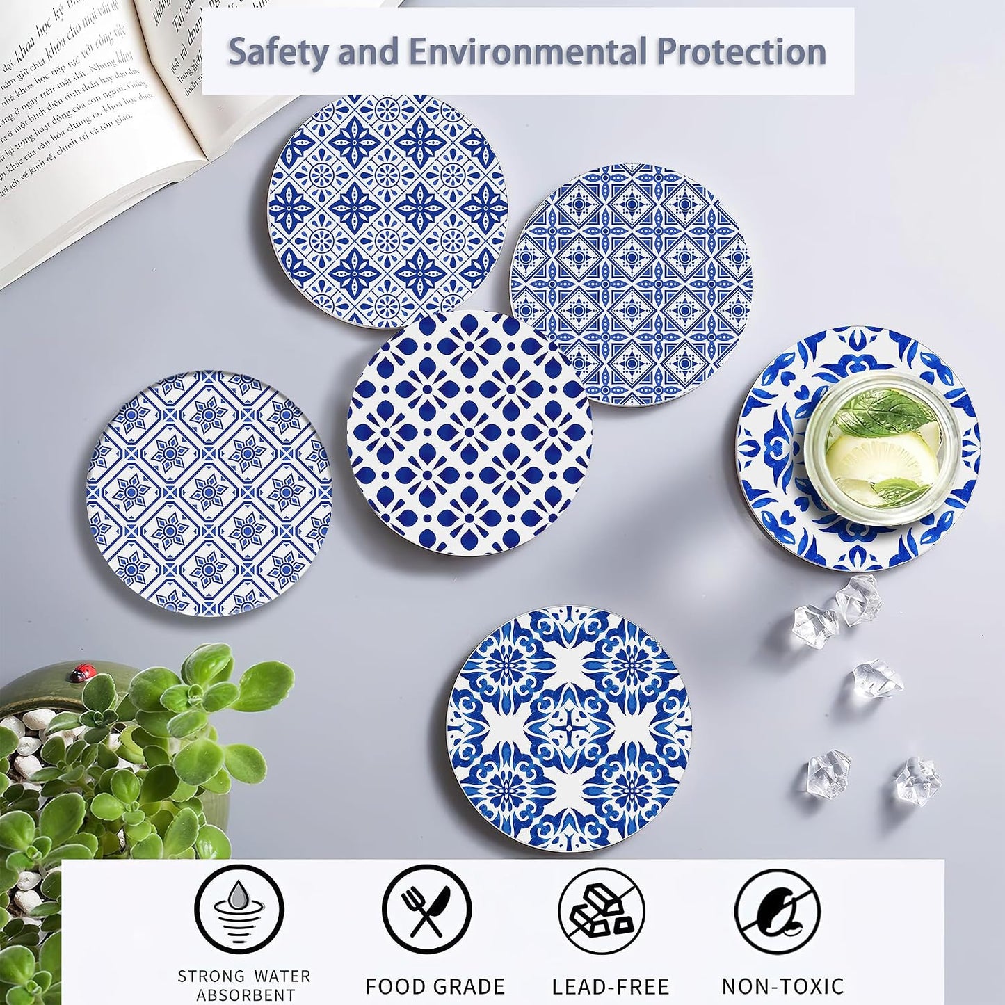 Holder / Absorbent Ceramic Coasters / Handpainted Blue Pattern / Set of 6