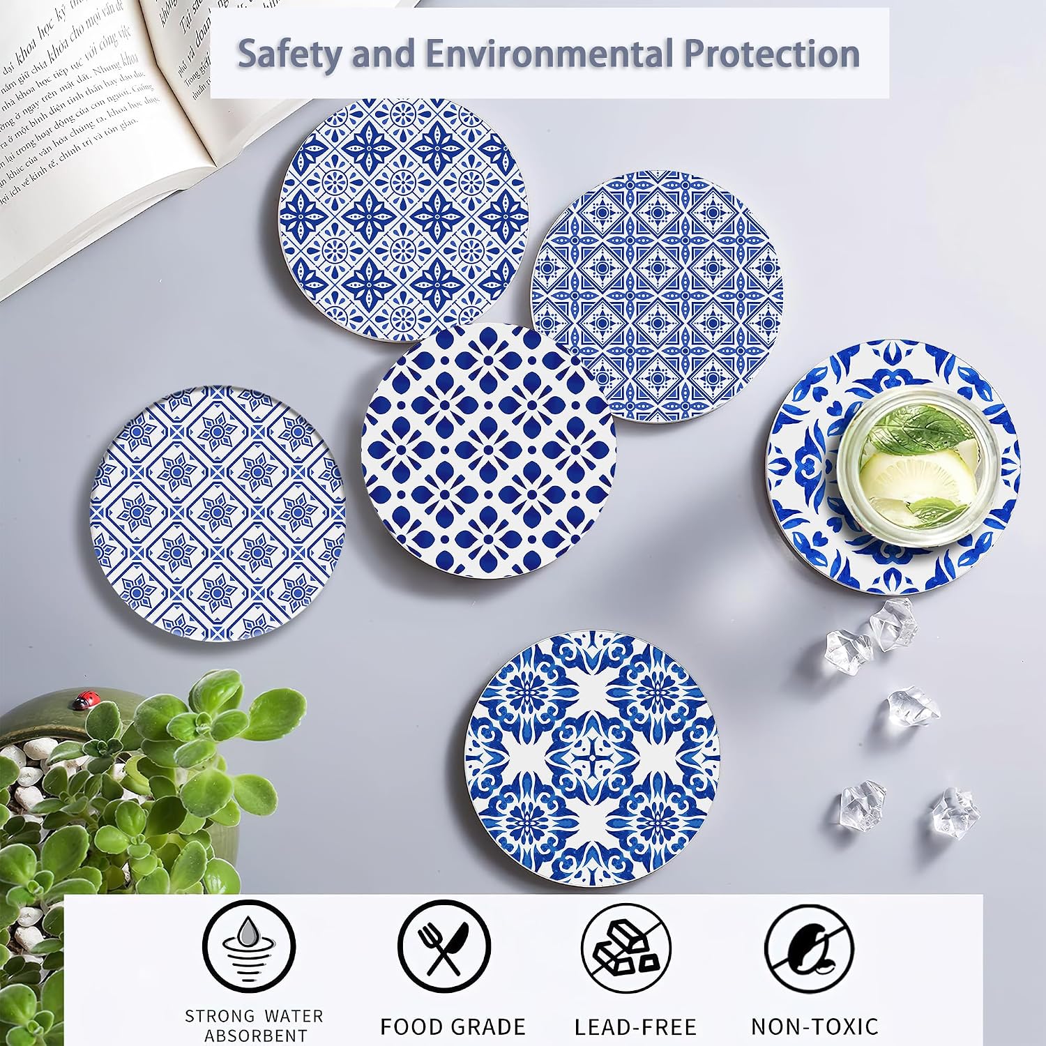 Holder / Absorbent Ceramic Coasters / Handpainted Blue Pattern / Set of 6