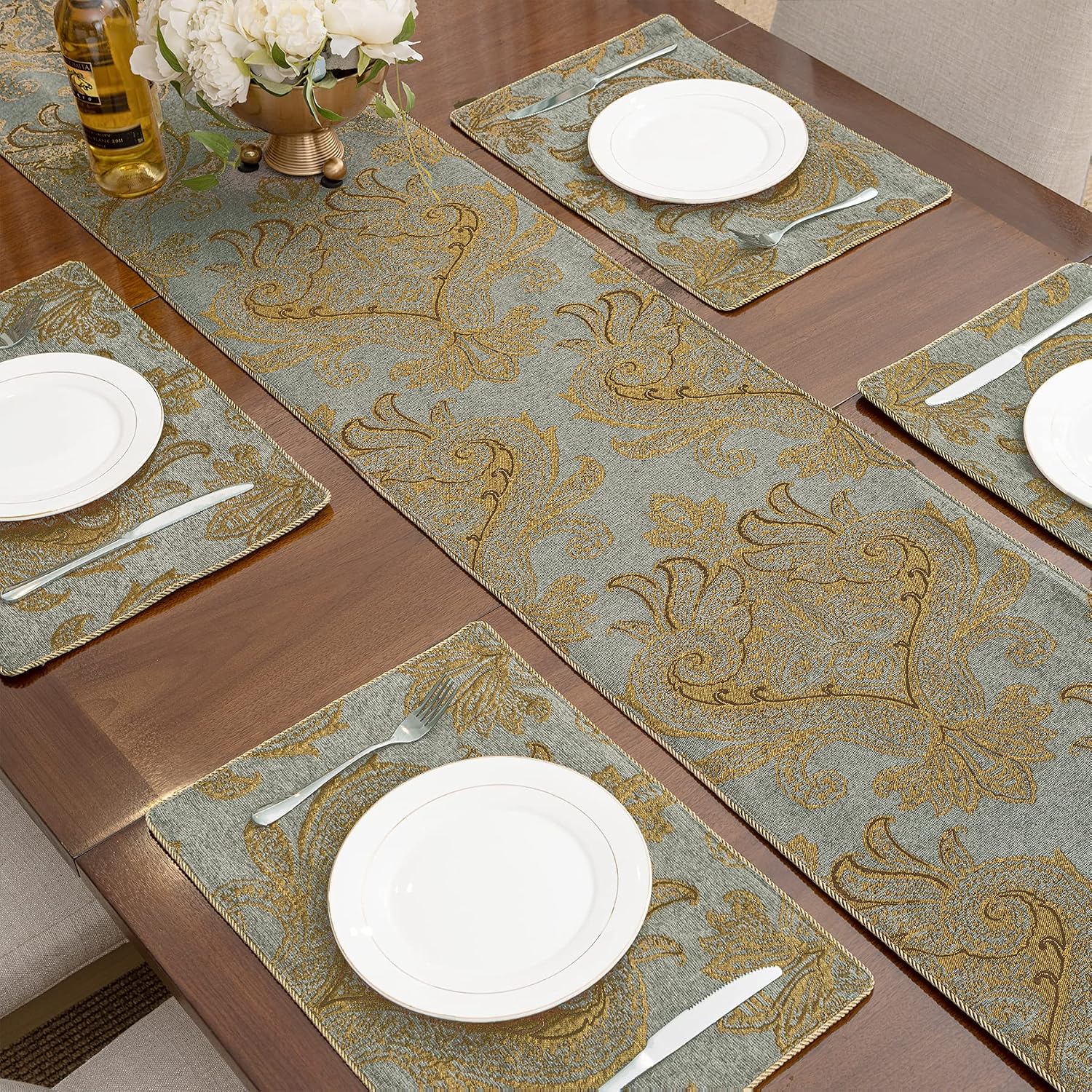 Loom and Mill Luxury Chenille Damask Table Runner 90 inches Long, Blue Gold | Traditional Jacquard Table Runners with