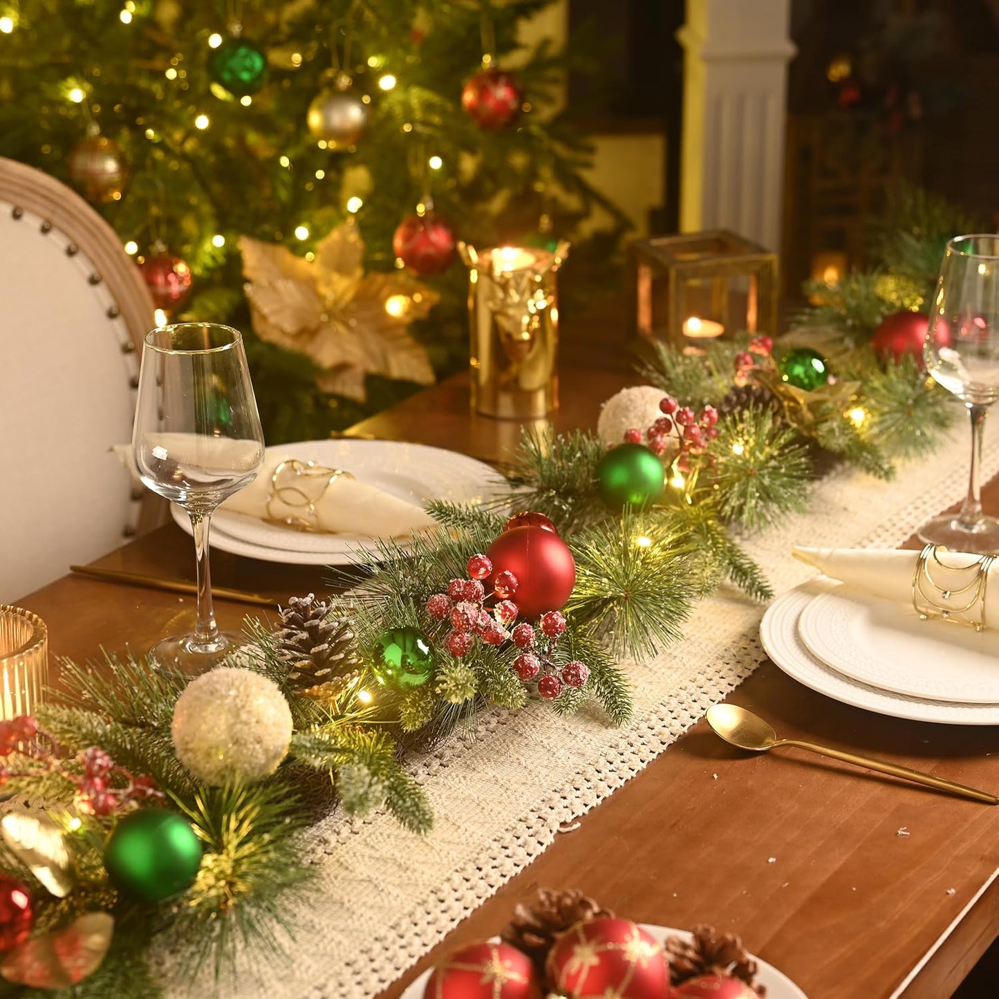 Valery Madelyn 6 Ft Pre-Lit Christmas Garland with Light for Mantle, Lighted Outdoor Xmas Garland with Red Green Gold