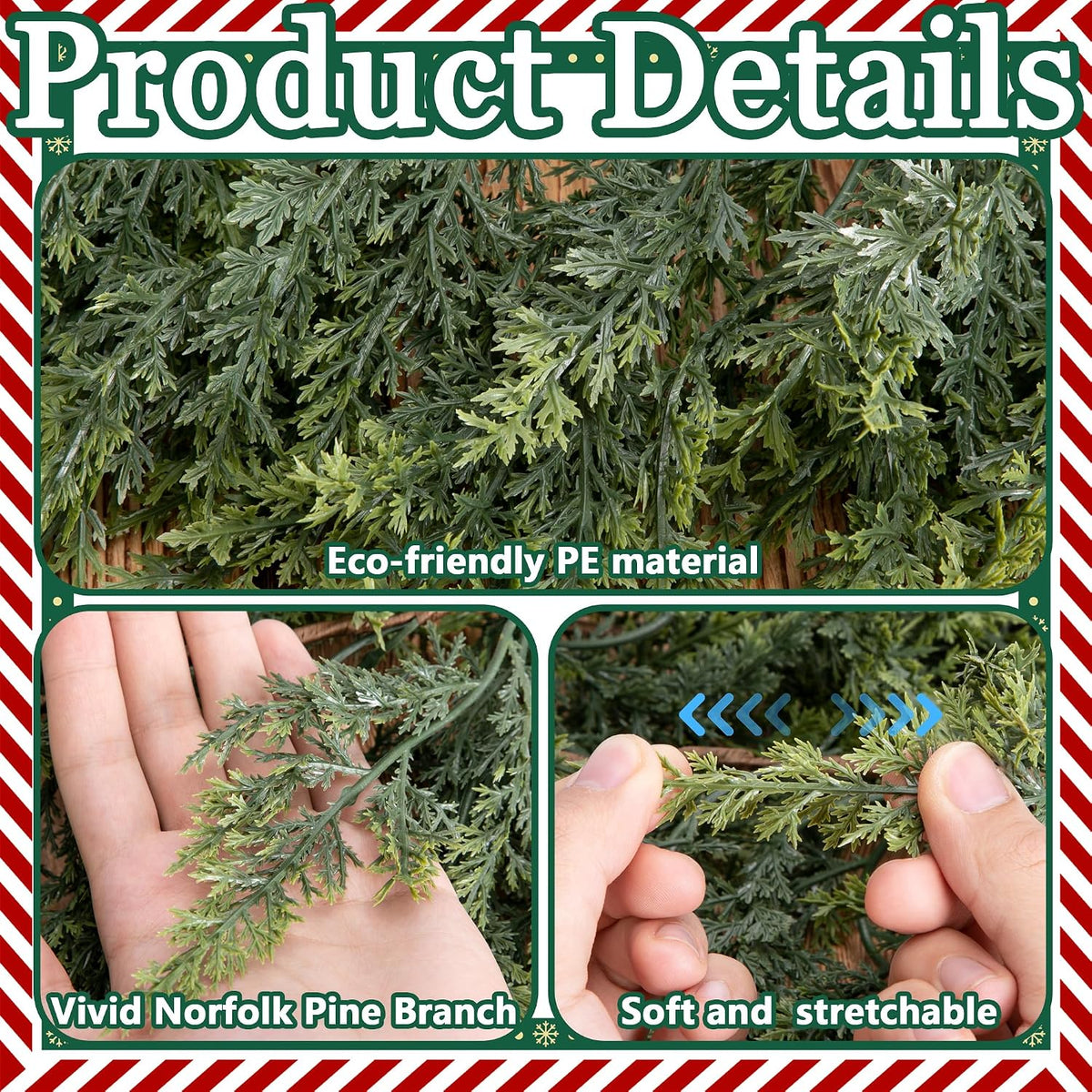 4 Pcs Double Color Christmas Norfolk Pine Garlands for Mantle Fireplace | 6 Ft Real Touch Artificial Cedar Garland