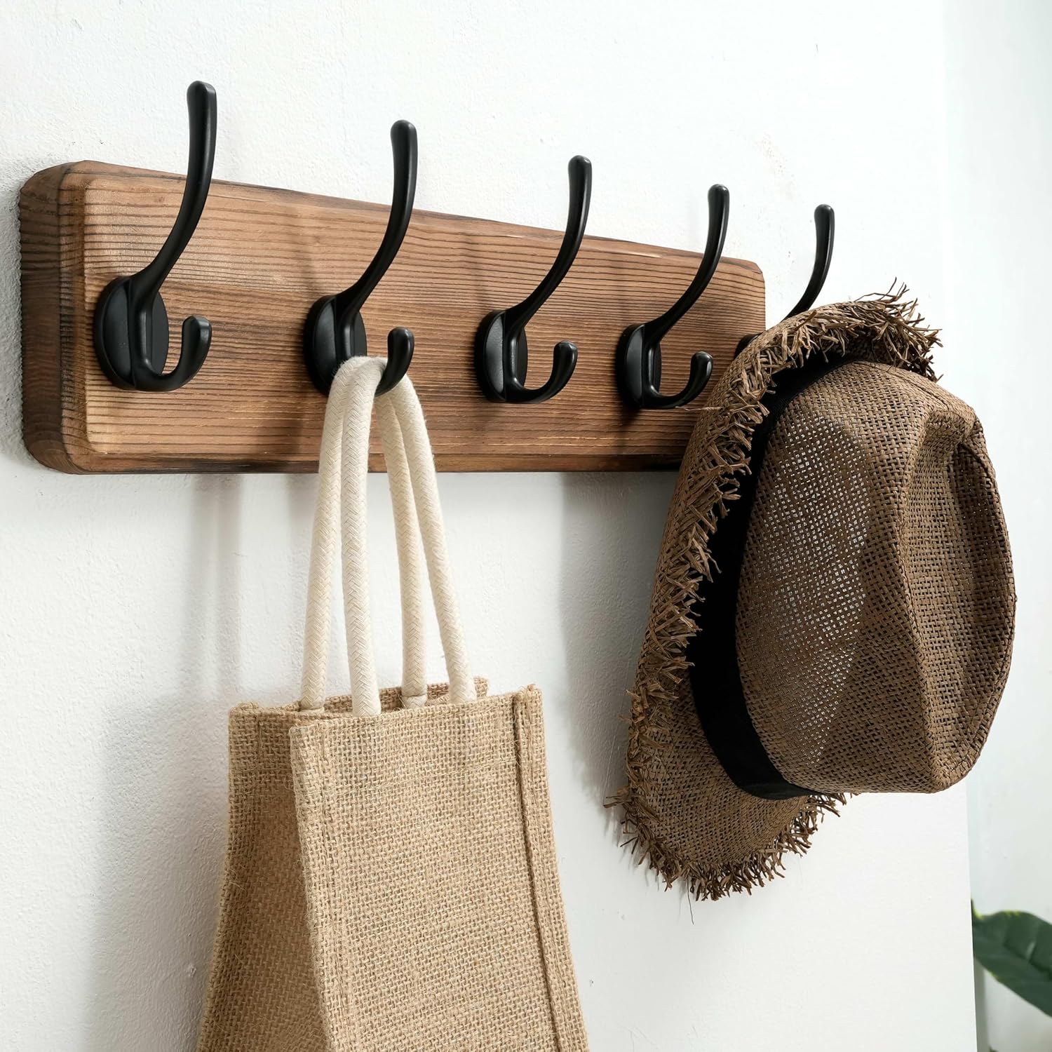 SKOLOO Rustic Wall Mounted Coat Rack, Case of 2, Pine Solid Wood Coat Hook Hanger - 5 Hooks for Hanging Clothes Robes