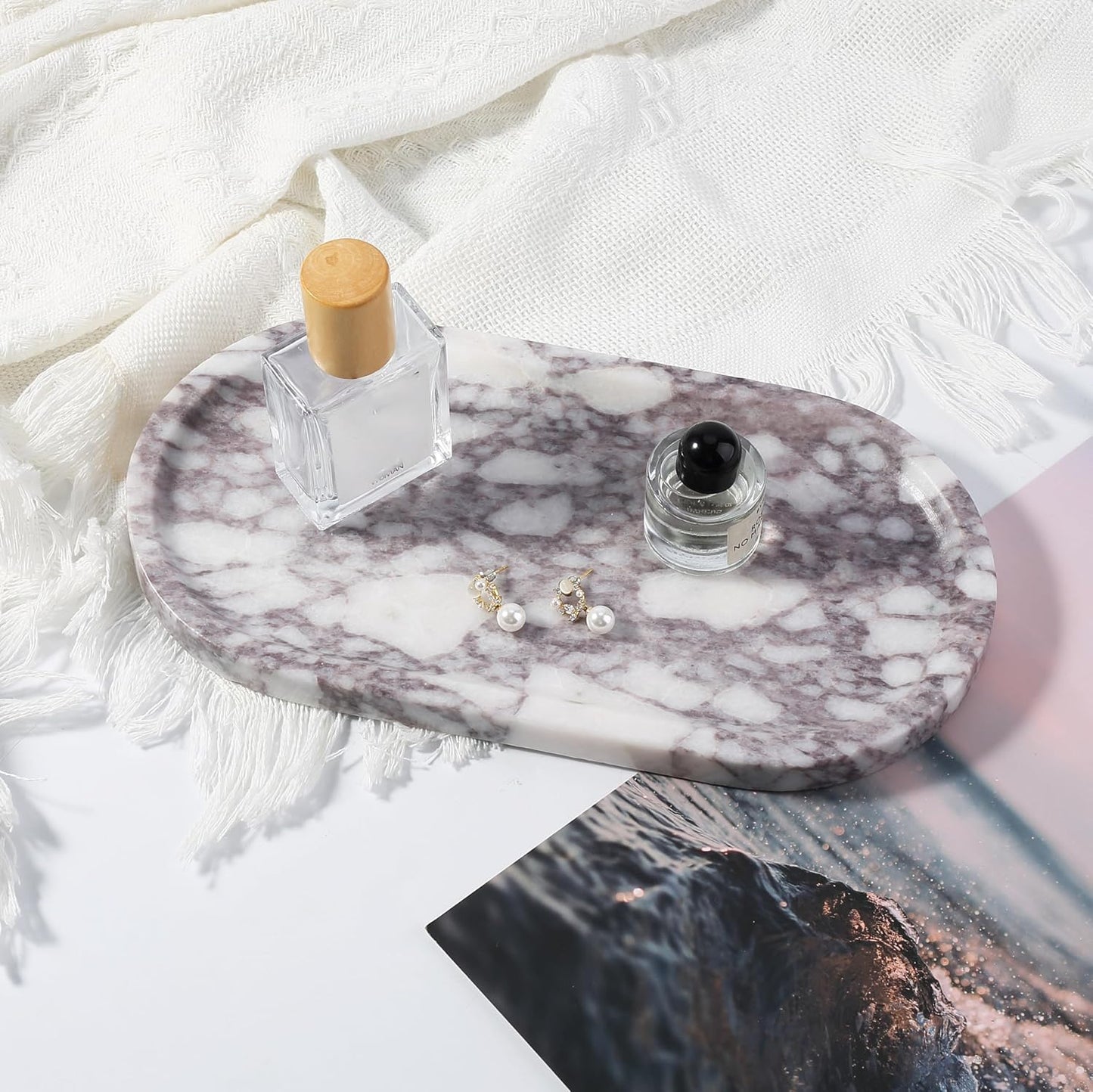 Real Natural Marble Vanity Tray / Calacatta Viola White / 10 x 5 x 0.7