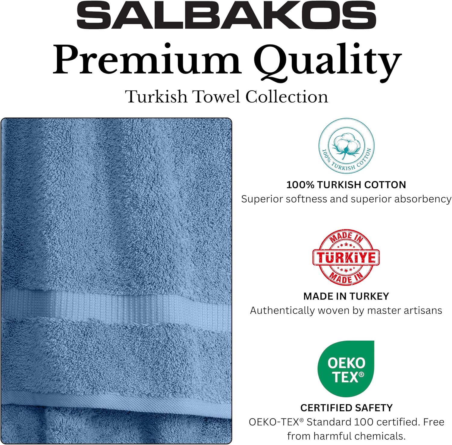 SALBAKOS 100% Turkish Cotton Bathroom Towel Set of 6-Piece, Blue | 630 Gsm Thick Super Soft Highly Absorbent 2 Bath + 2