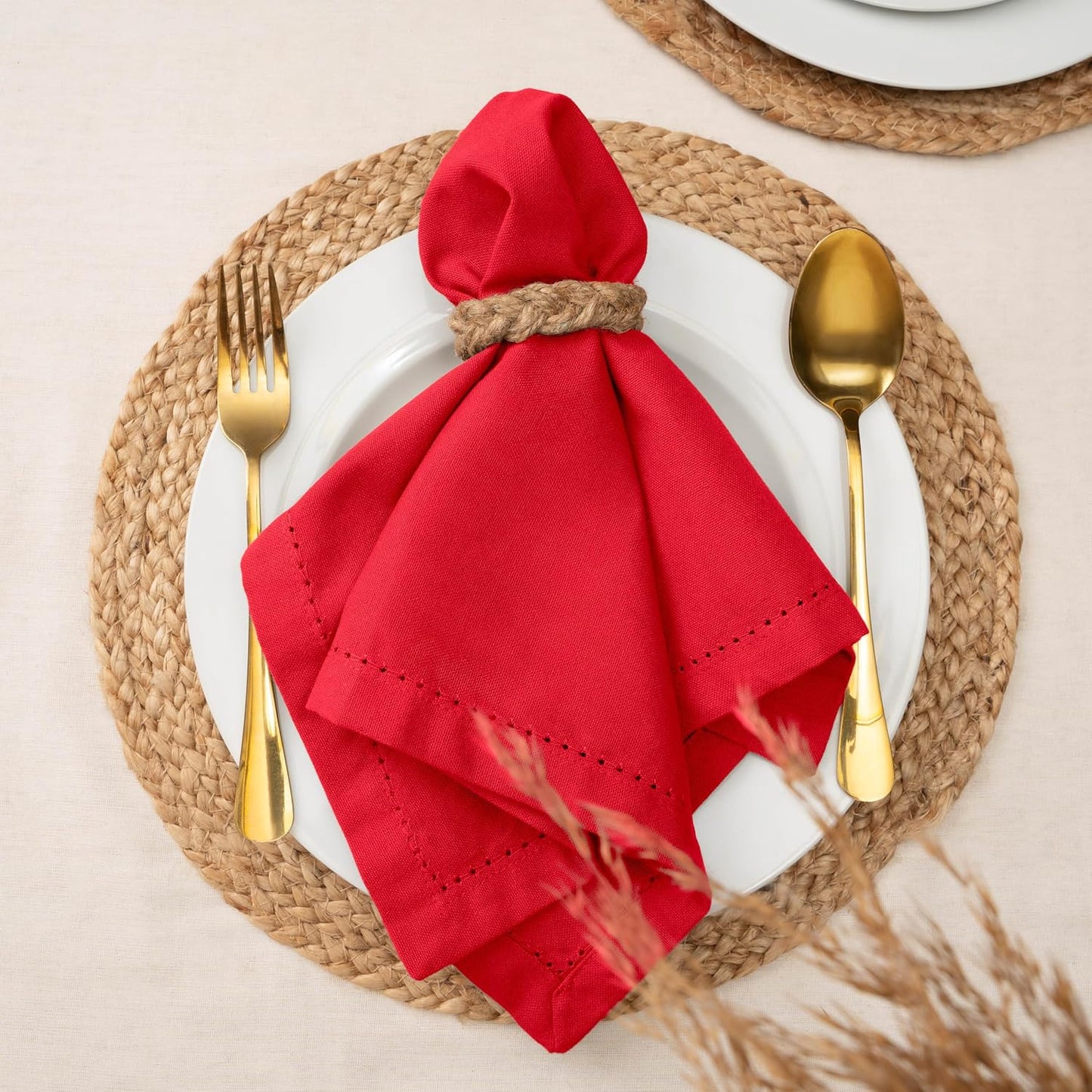 Blue Needles Set of 12 Hemstitch Linen Napkins 100% Cotton Red Cloth Dinner Napkins 18x18 inches, Soft, Reusable