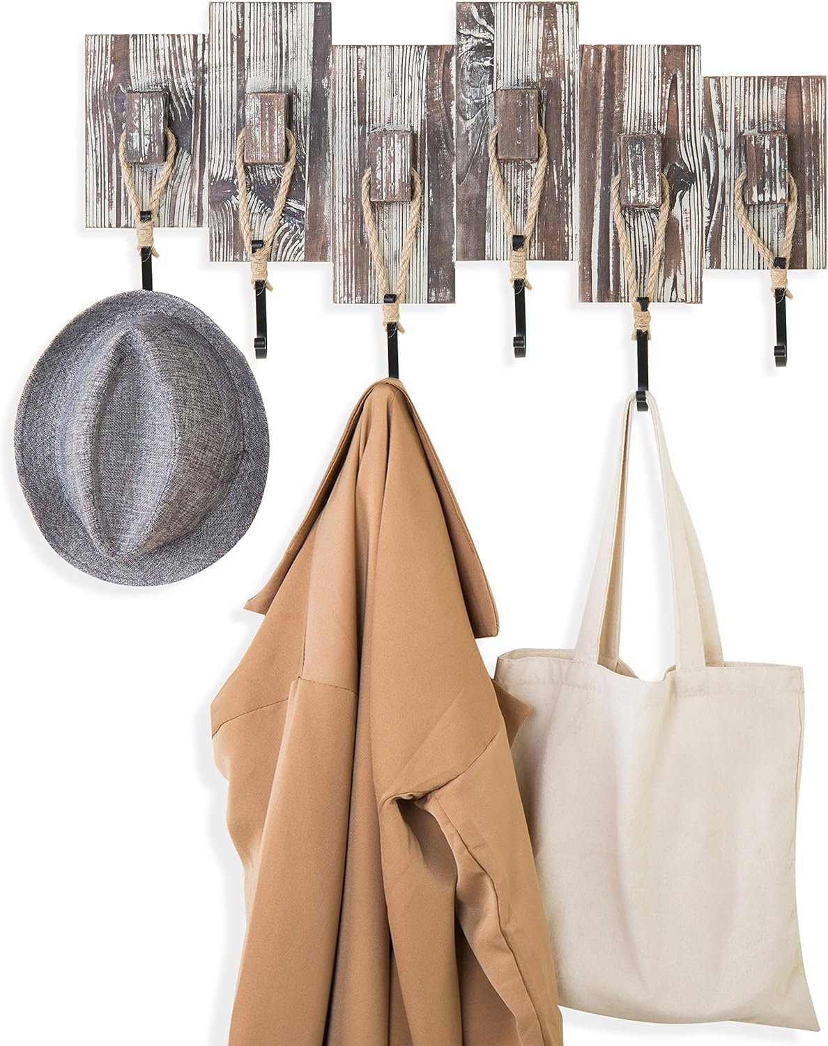 6 Hook Wall Mounted Entryway Coat and Hat Rack / Torched Wood