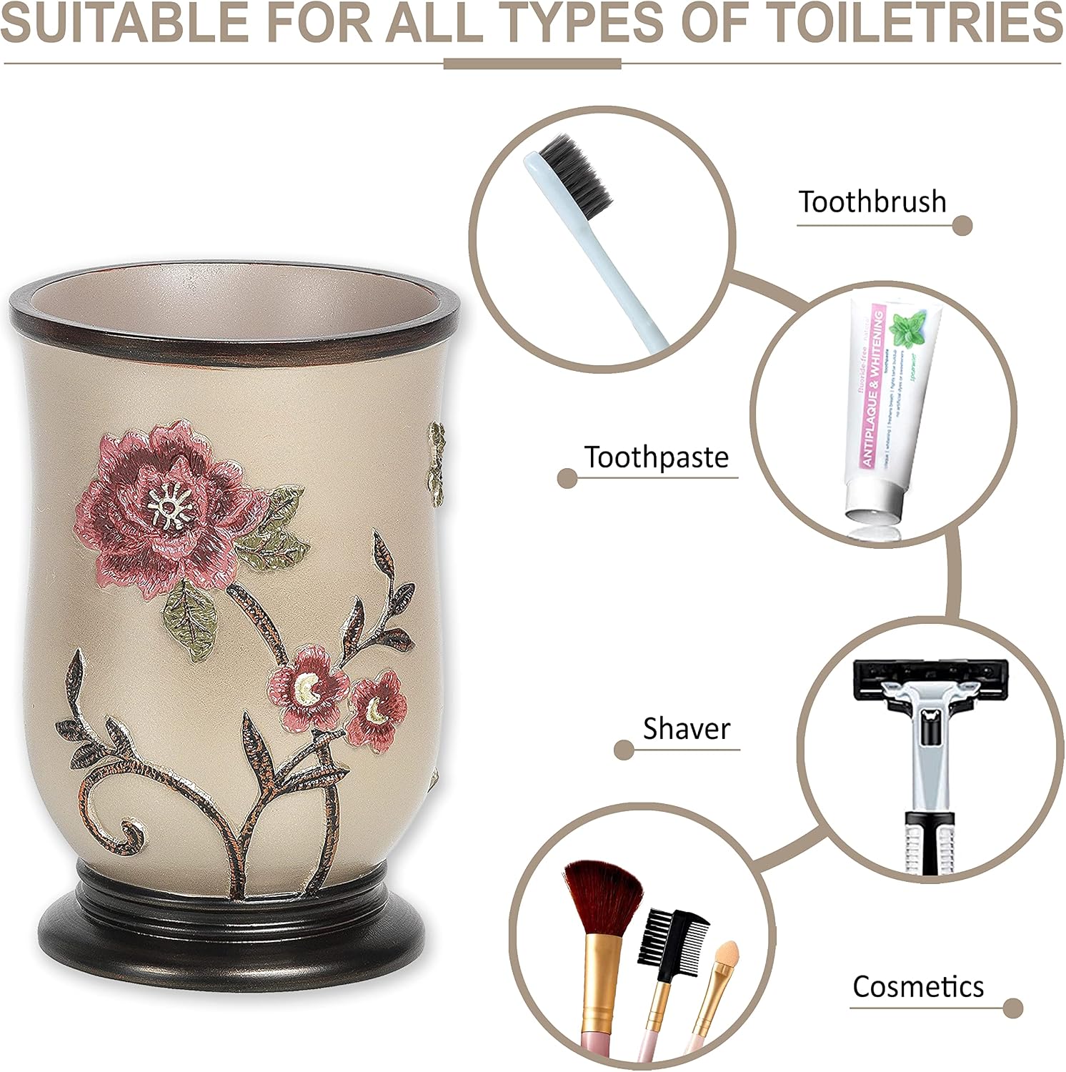 Zahari Home 4pc Larrisa Floral Bathroom Accessories Sets Modern Classic Flower Soap Dispenser, Tumbler, Tooth Brush
