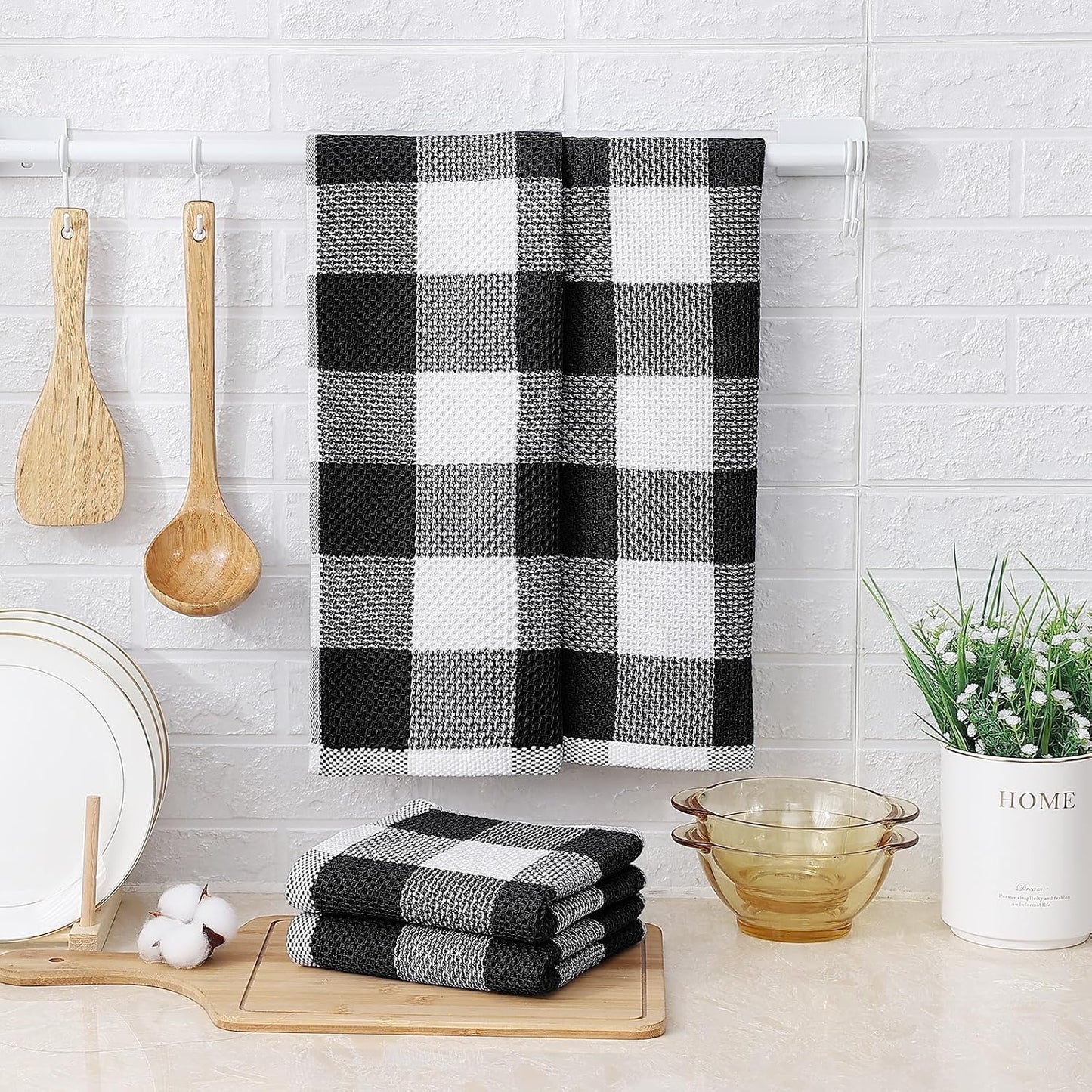 Mordimy Cotton Waffle Kitchen Towels, 13"x 28", 8 Pack, Black & White | Super Soft and Absorbent Buffalo Check, Durable