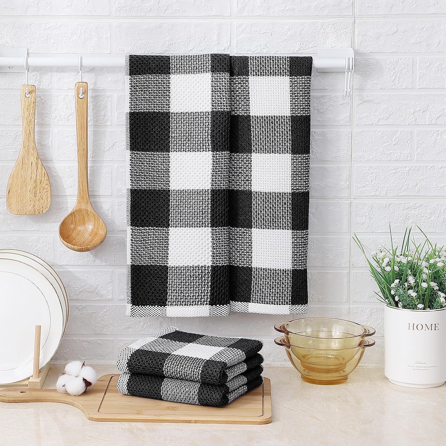 Mordimy Cotton Waffle Kitchen Towels, 13"x 28", 8 Pack, Black & White | Super Soft and Absorbent Buffalo Check, Durable