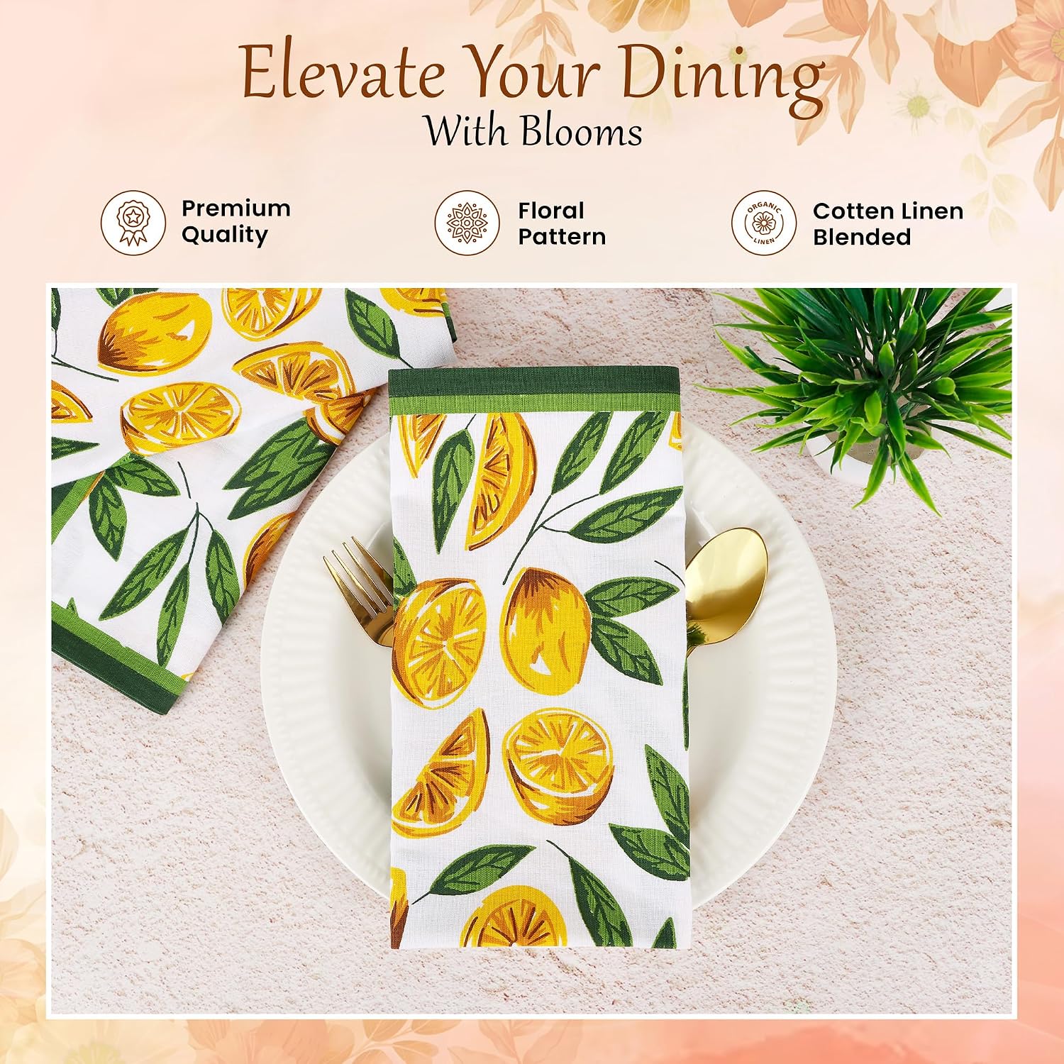 NATURALCRAFT Cloth Napkins Set of 12 Cotton Linen20x20 inch Cut Lemon Print | Washable Reusable Fabric Soft Durable