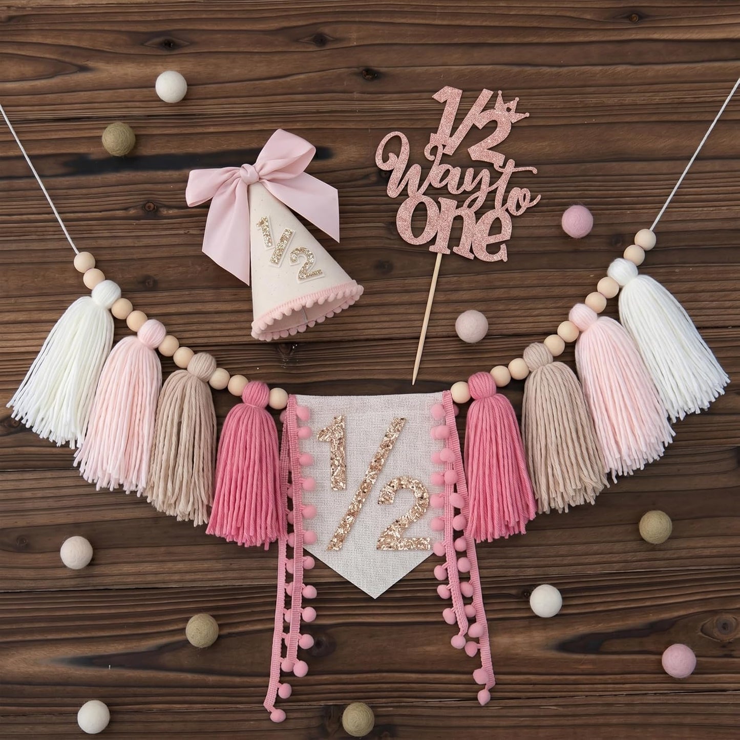 1/2 High Chair Banner & Cone Hat Cake Topper Birthday Girl Half Birthday Decorations / Pink & Khaki
