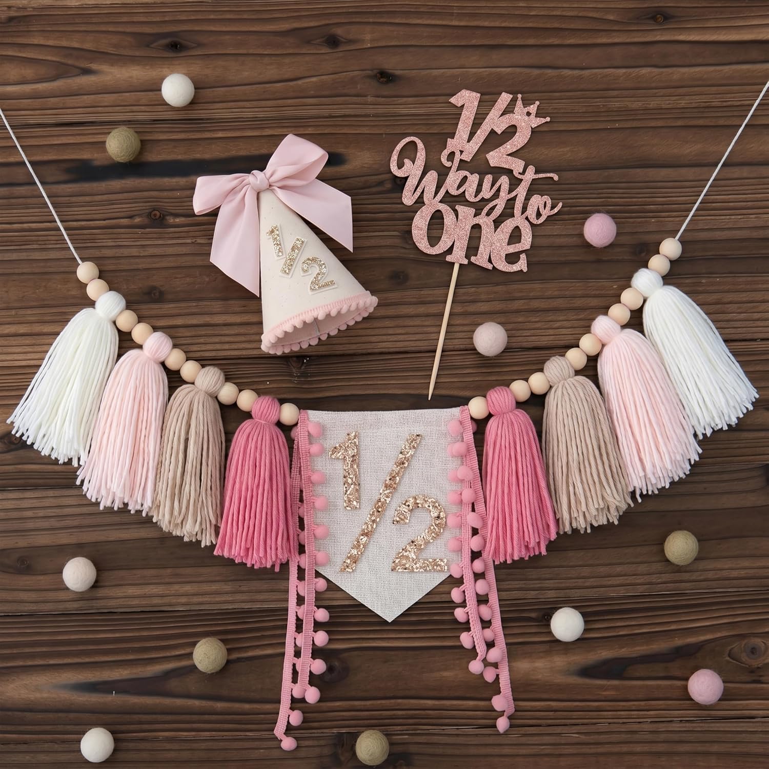 1/2 High Chair Banner & Cone Hat Cake Topper Birthday Girl Half Birthday Decorations / Pink & Khaki