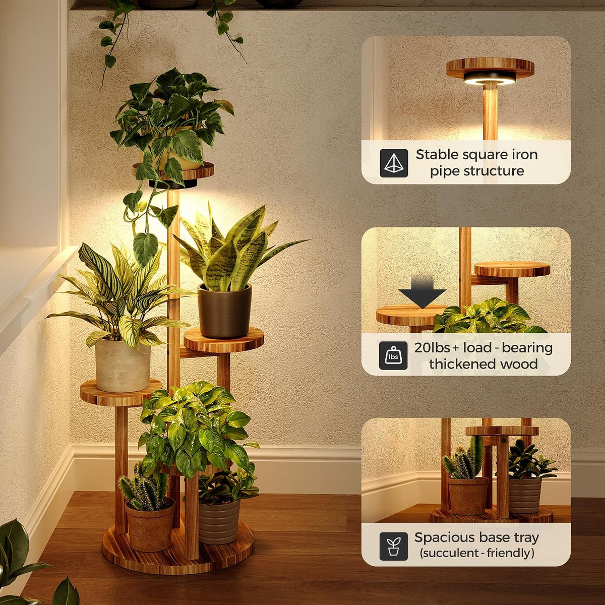 Bamworld Plant Stand Indoor with Grow Lights Plant Shelf 4 Tier Wood | plant holders for Multiple Plants Tall Corner