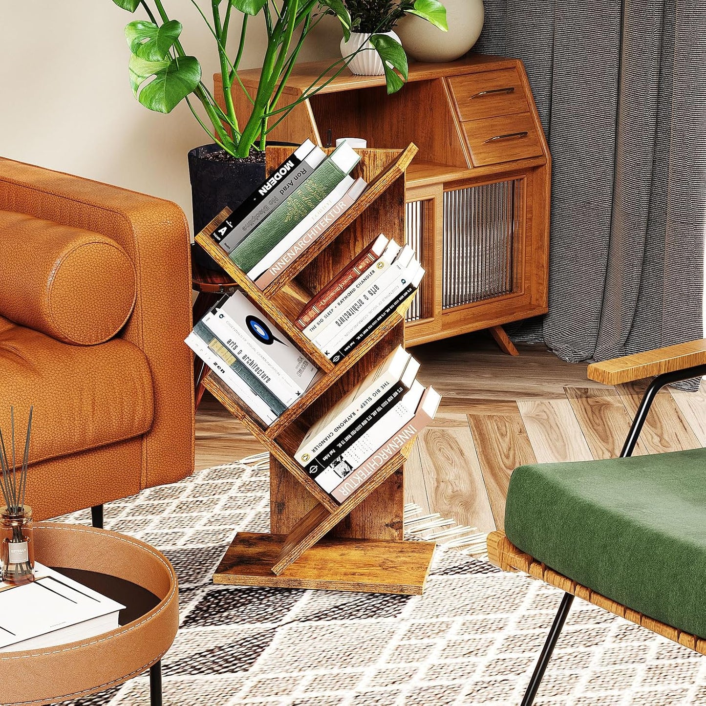 YMYNY Tree Bookshelf, 4-Tier Book Storage Organizer Shelves,Rustic Brown, HBC014H