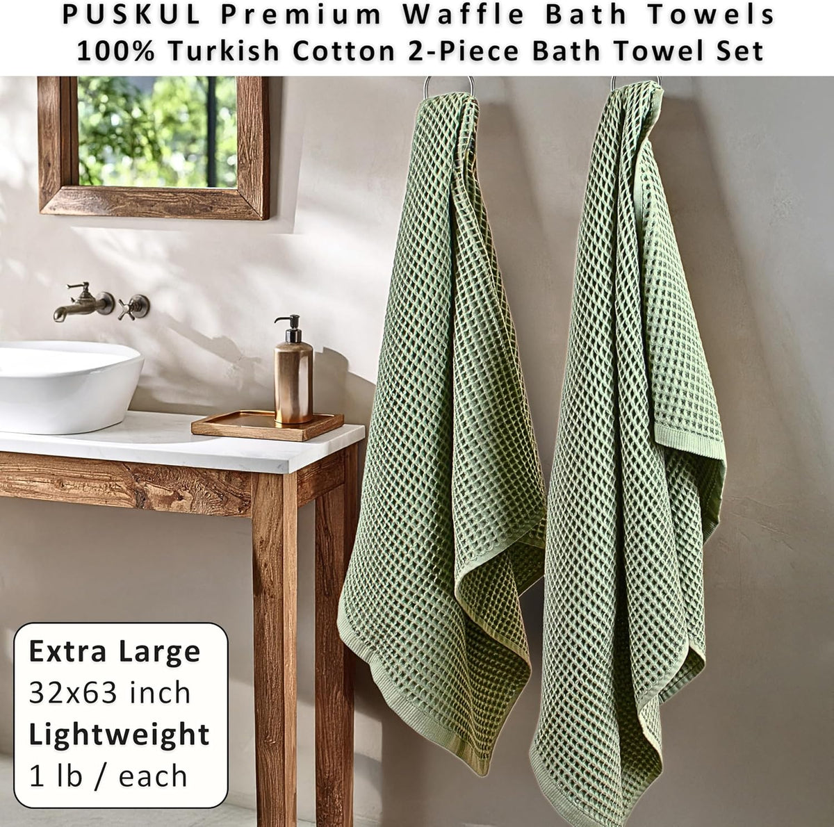 PÜSKÜL Natural 100% Turkish Cotton Waffle Bath Towels Set of 2, Extra-Large | Sage Green, Oversize 32x63" Bath sheet