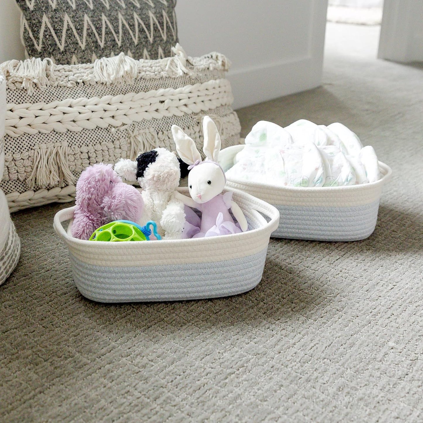 5-Piece Rectangle Storage Basket Set- Natural Cotton Rope Woven Baskets / Off White & Mixed Blue