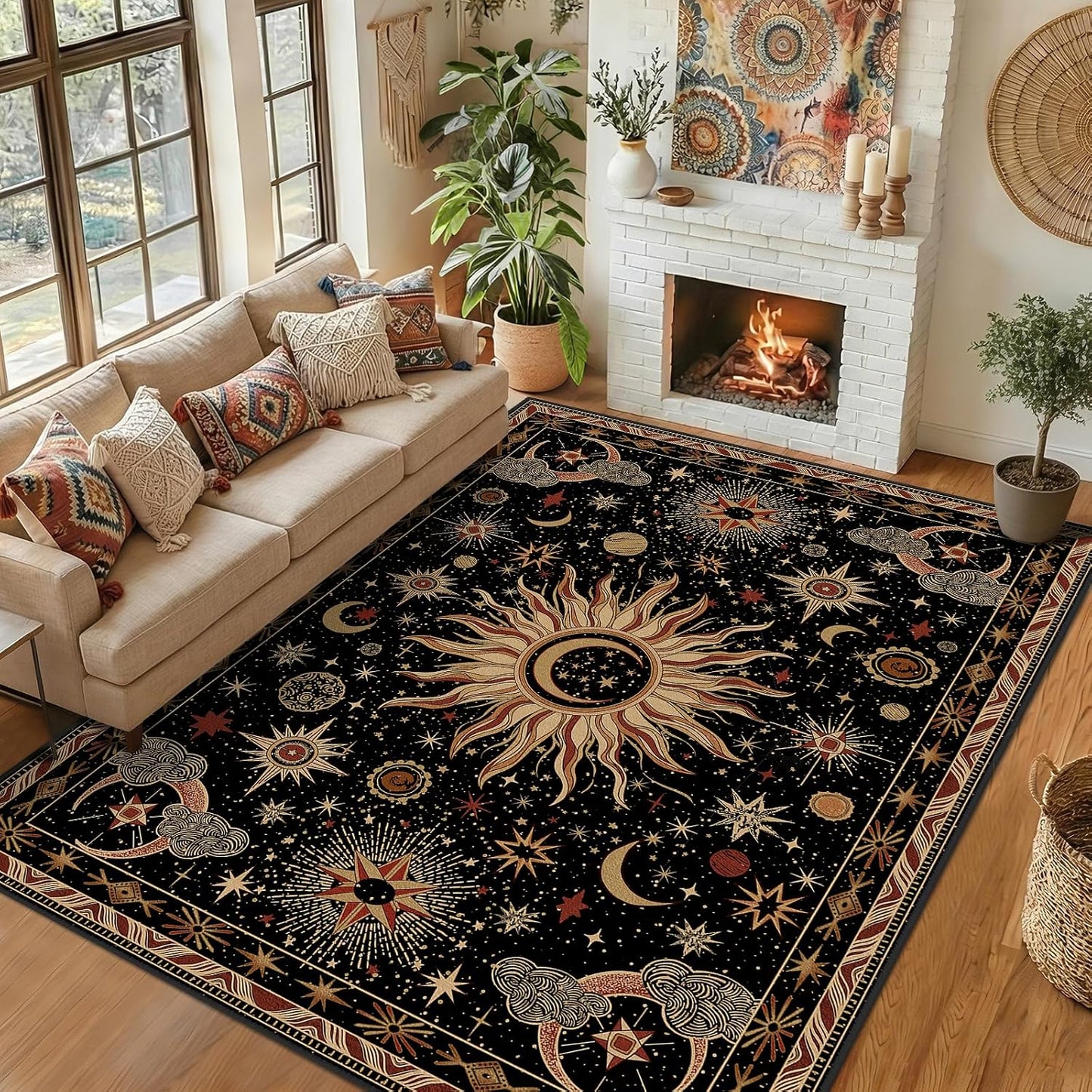 PLHXFR 10x12 Area Rug Living Room: Abstract Washable Carpet Black Gold