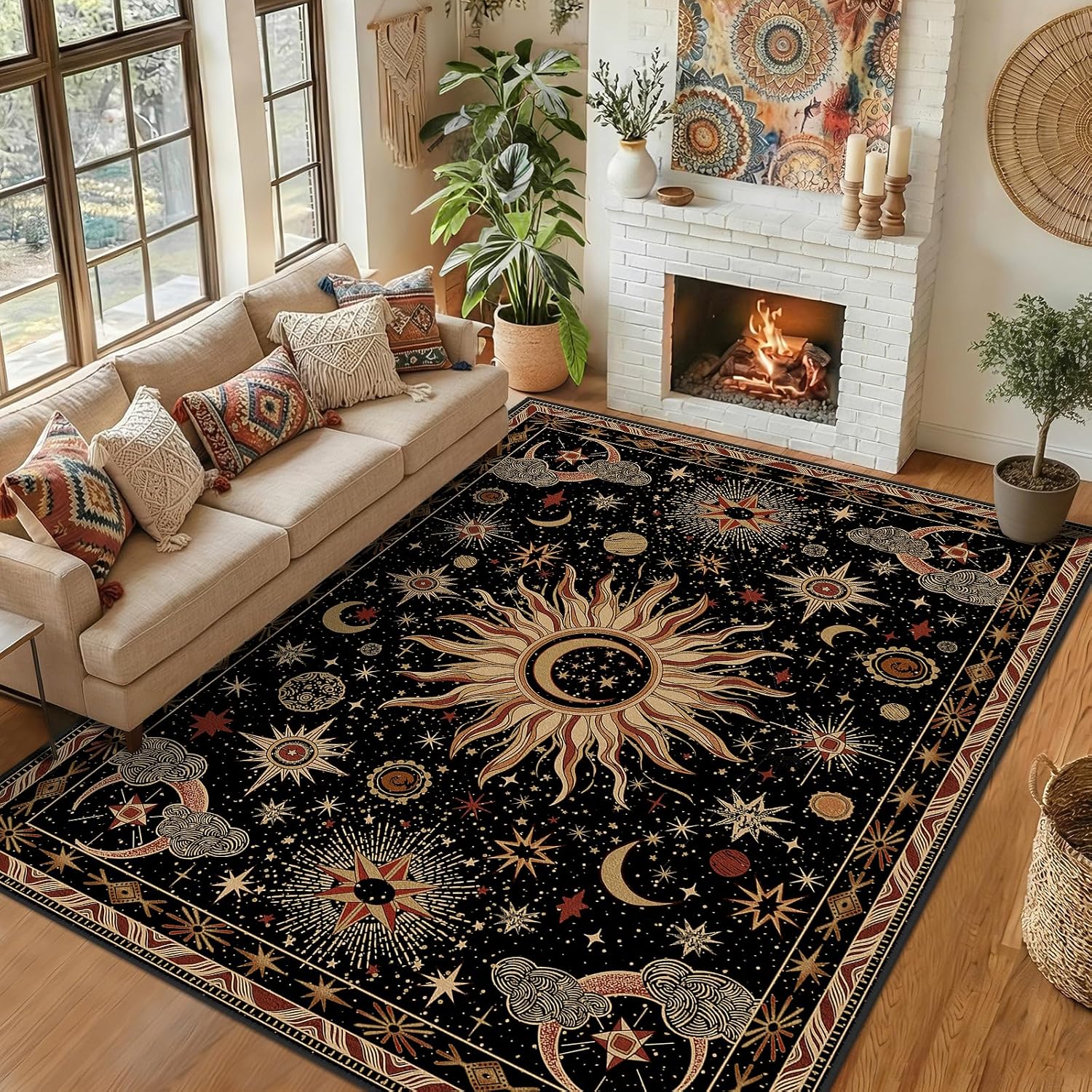 PLHXFR 10x12 Area Rug Living Room: Abstract Washable Carpet Black Gold