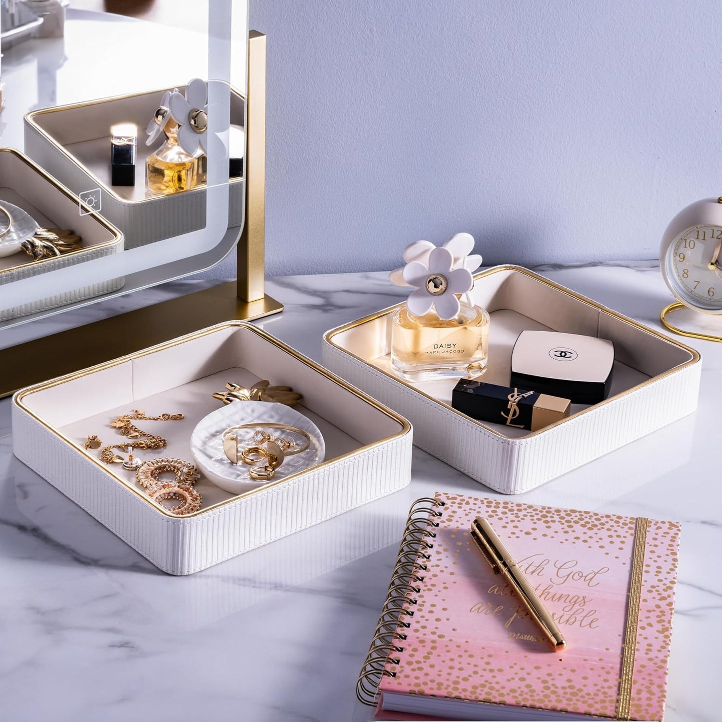 Bedside Tray / Leather Catchall Tray / White / 8 x 8 x 1.8 / Set of 2